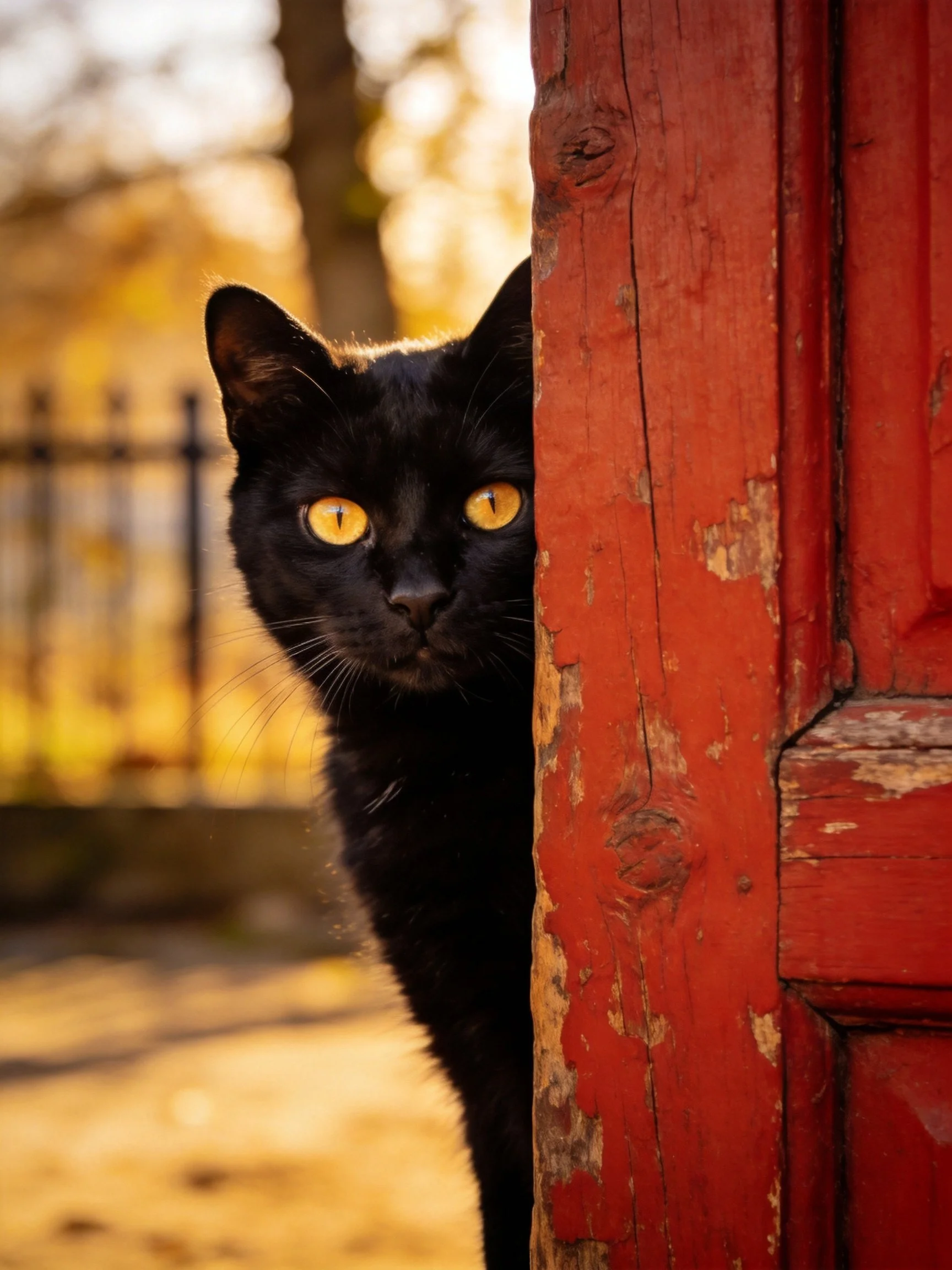 A black cat with golden eyes peeks from behind a weathered red wooden post