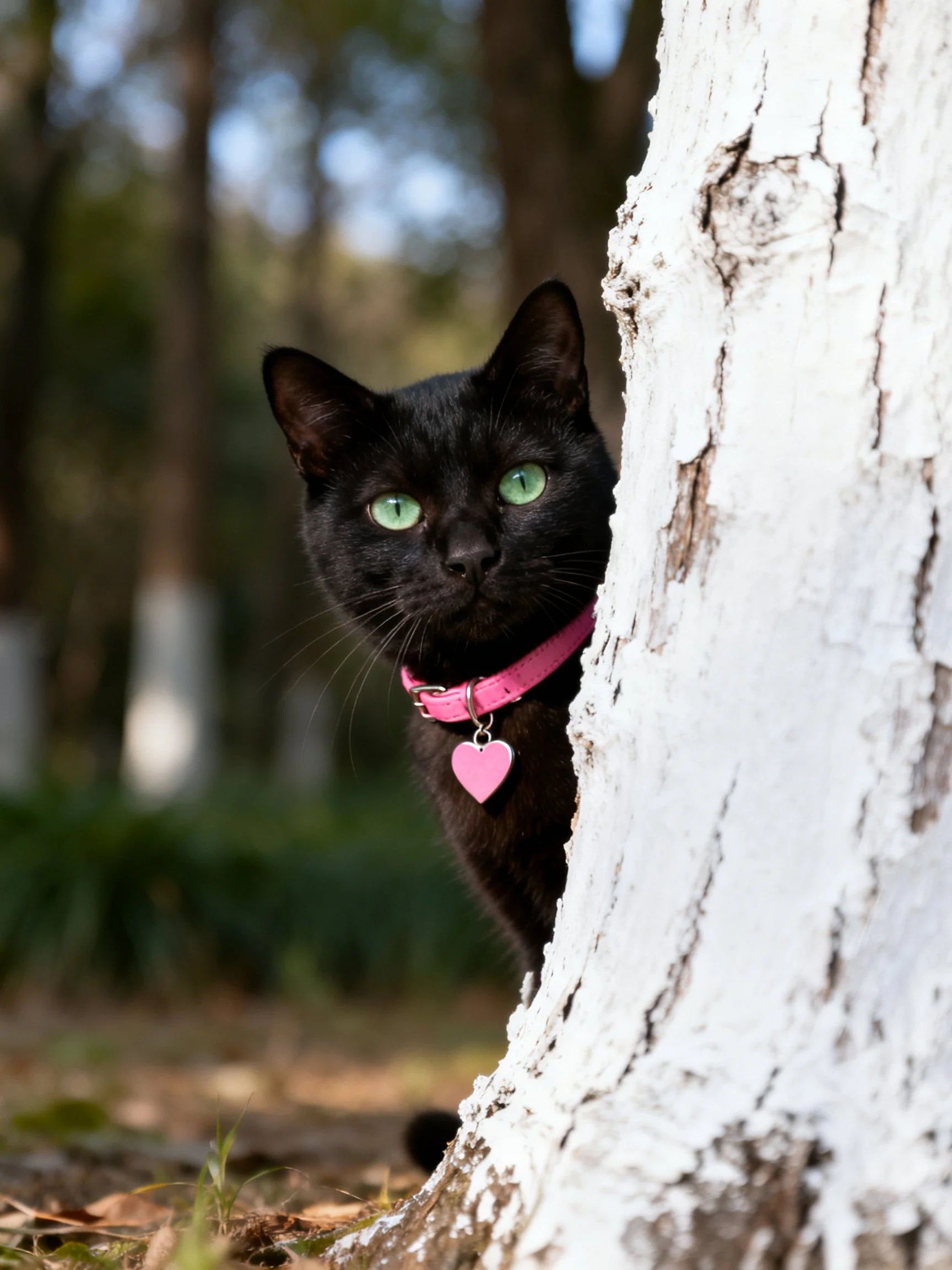 A black cat with green eyes hides behind a white-painted tree trunk