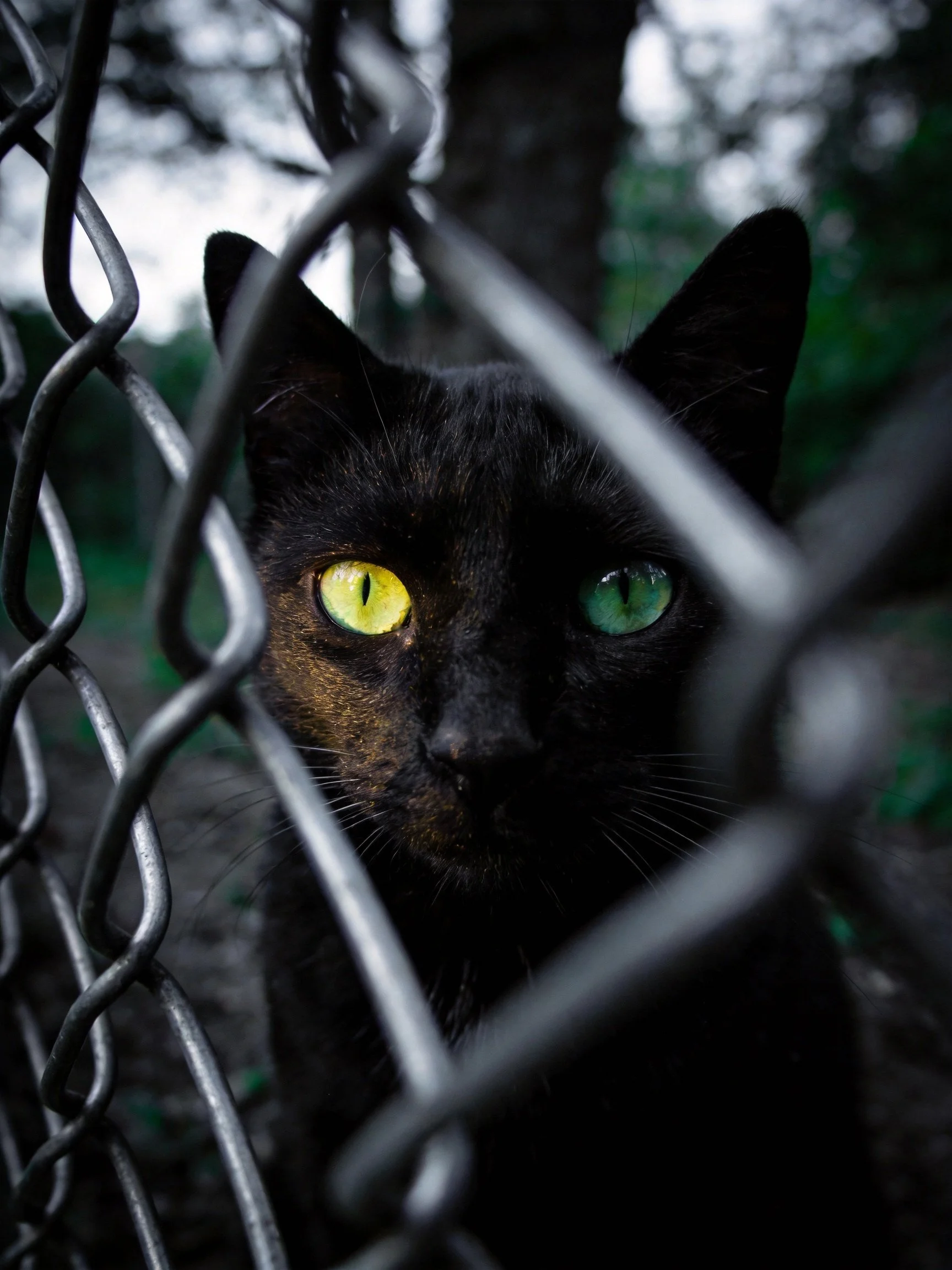 A black cat with differently colored eyes observes from behind a chain-link fence.