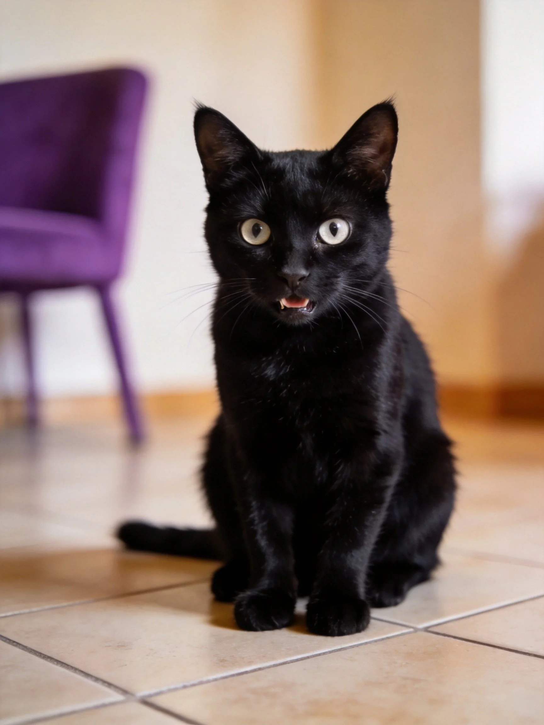 A black cat with heterochromia sits on tiled flooring near a purple chair