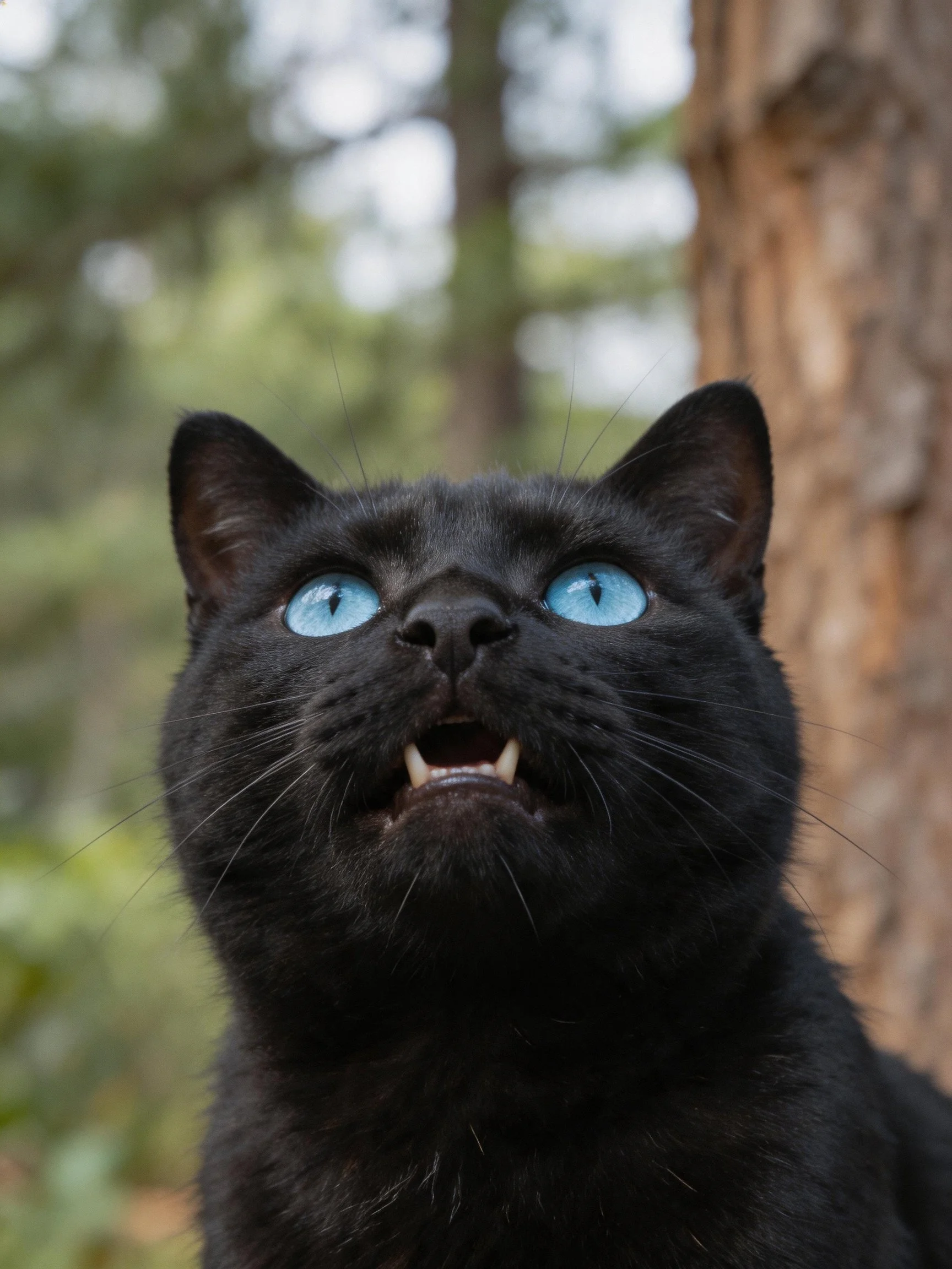 A black cat with vivid blue eyes in a forested area