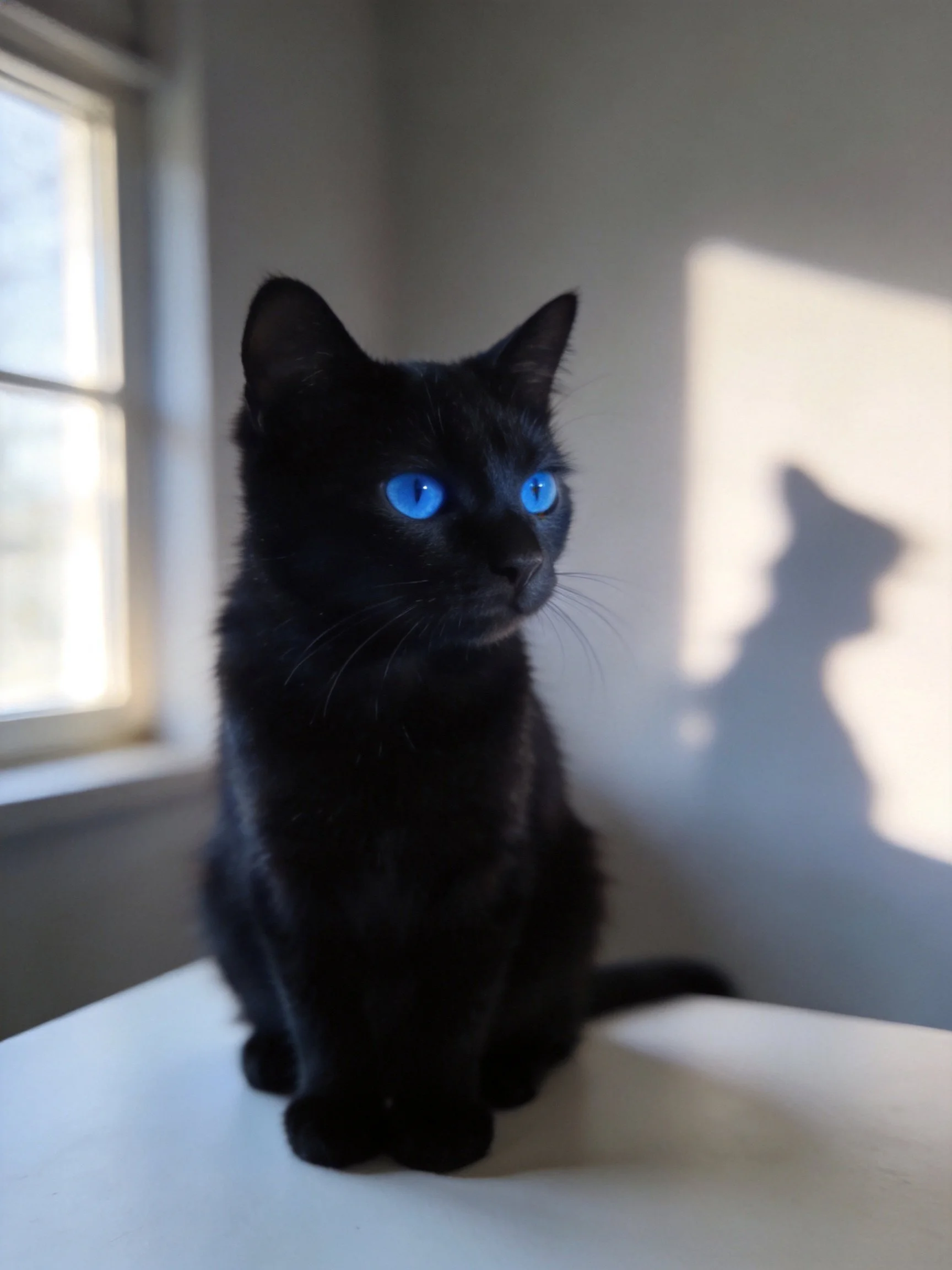A black cat with vivid blue eyes sits near a sunlit window