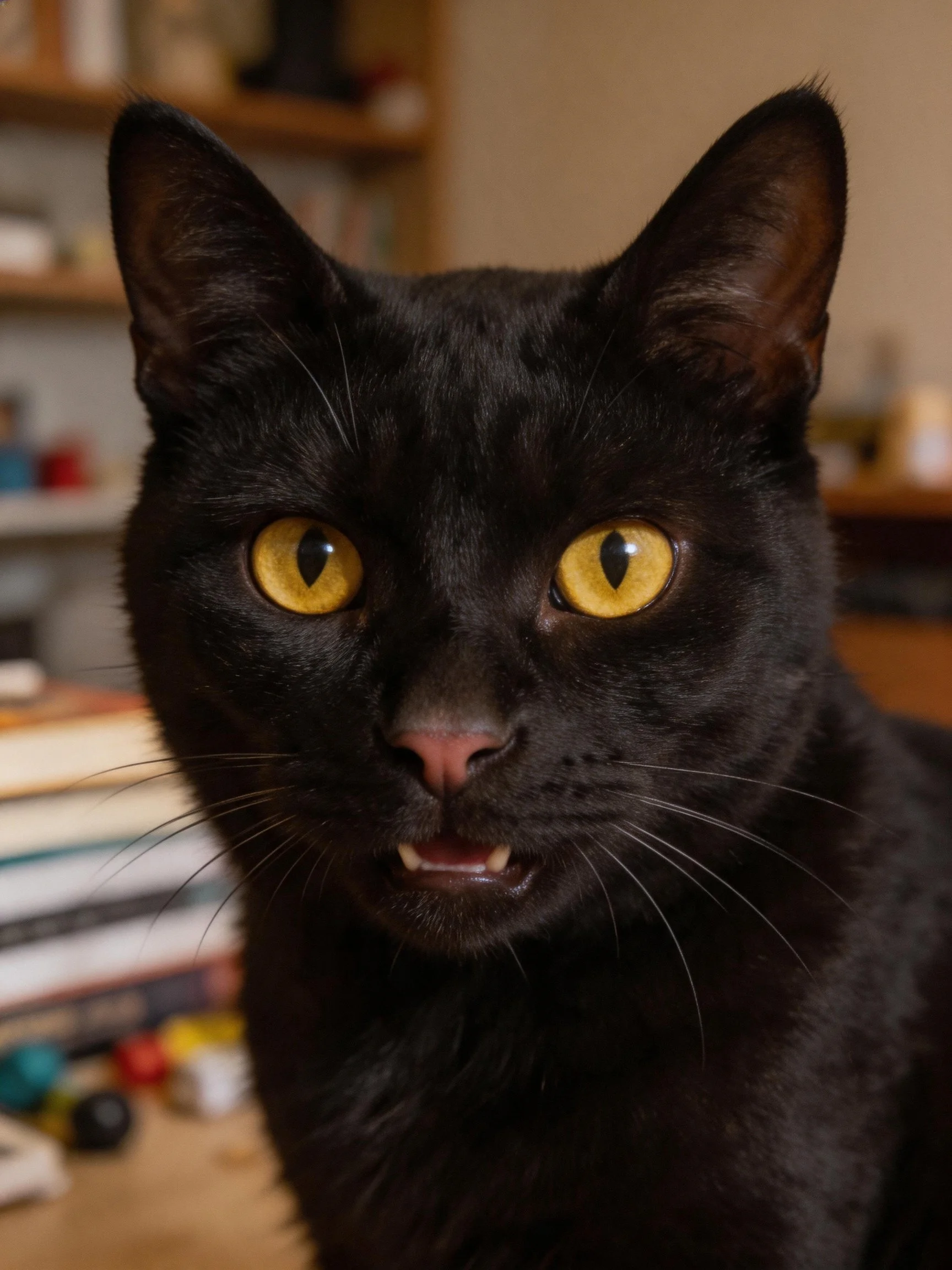 A black cat with bright yellow eyes is near stacked books indoors.