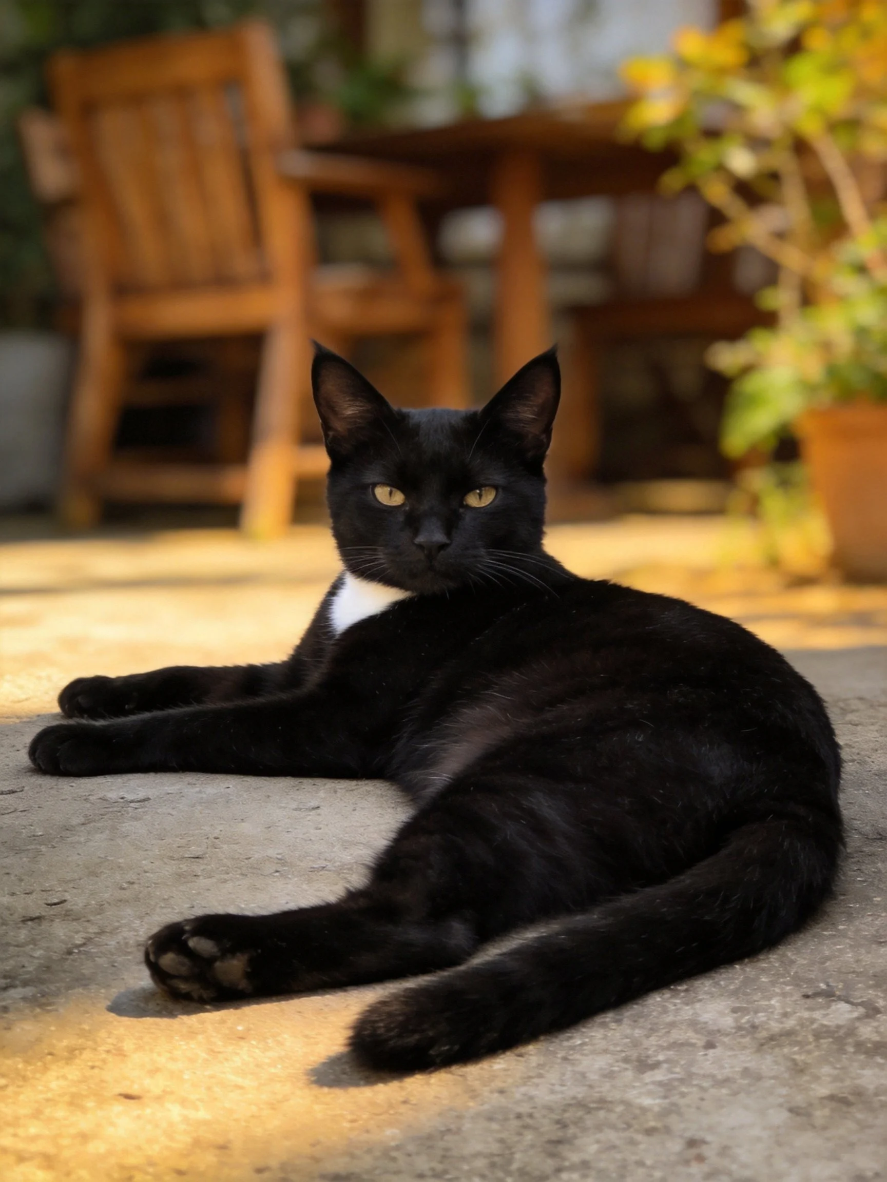 A black cat with white chest relaxing on a concrete patio near wooden furniture