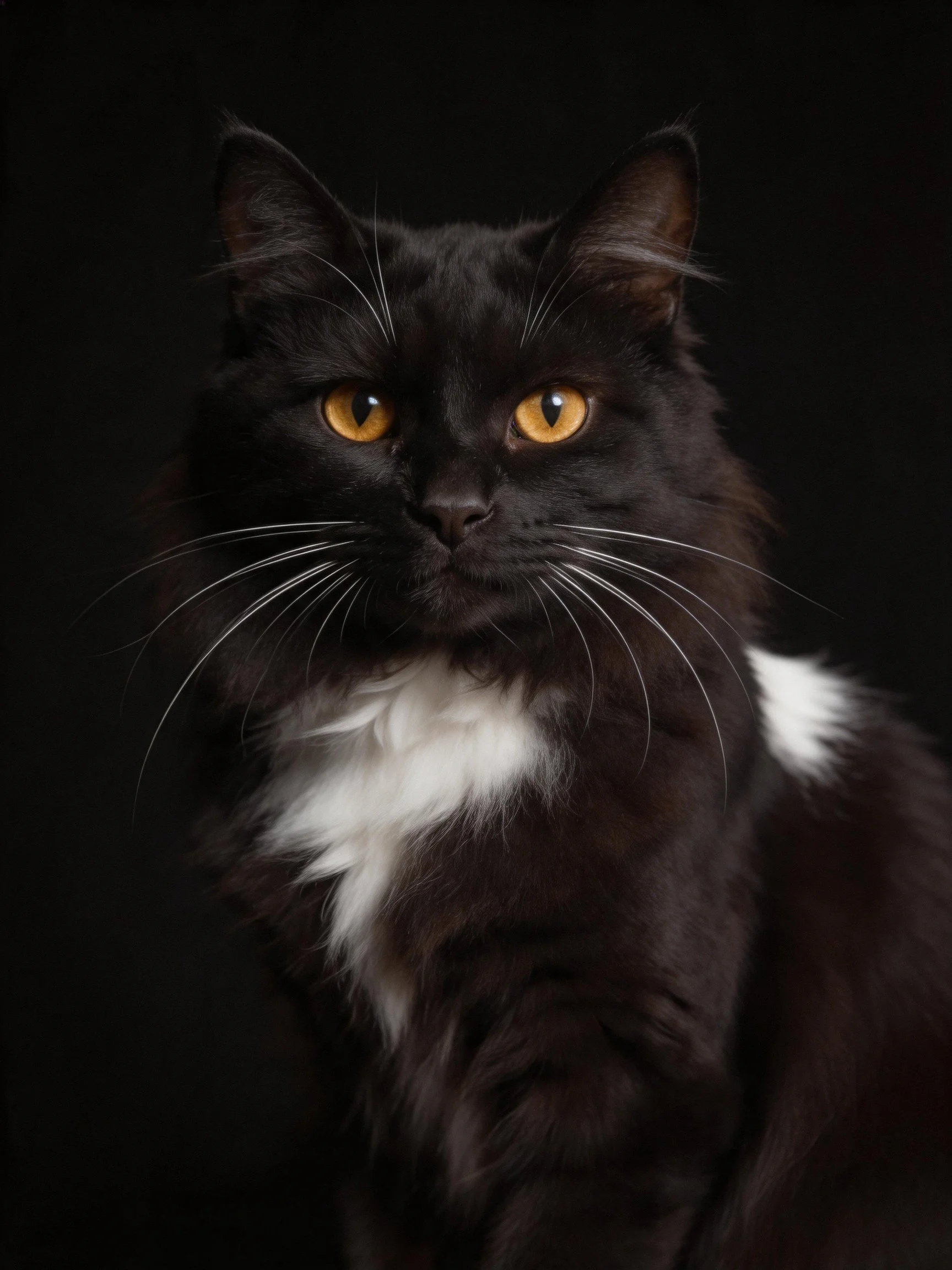 A black cat with white markings and golden eyes on a dark background