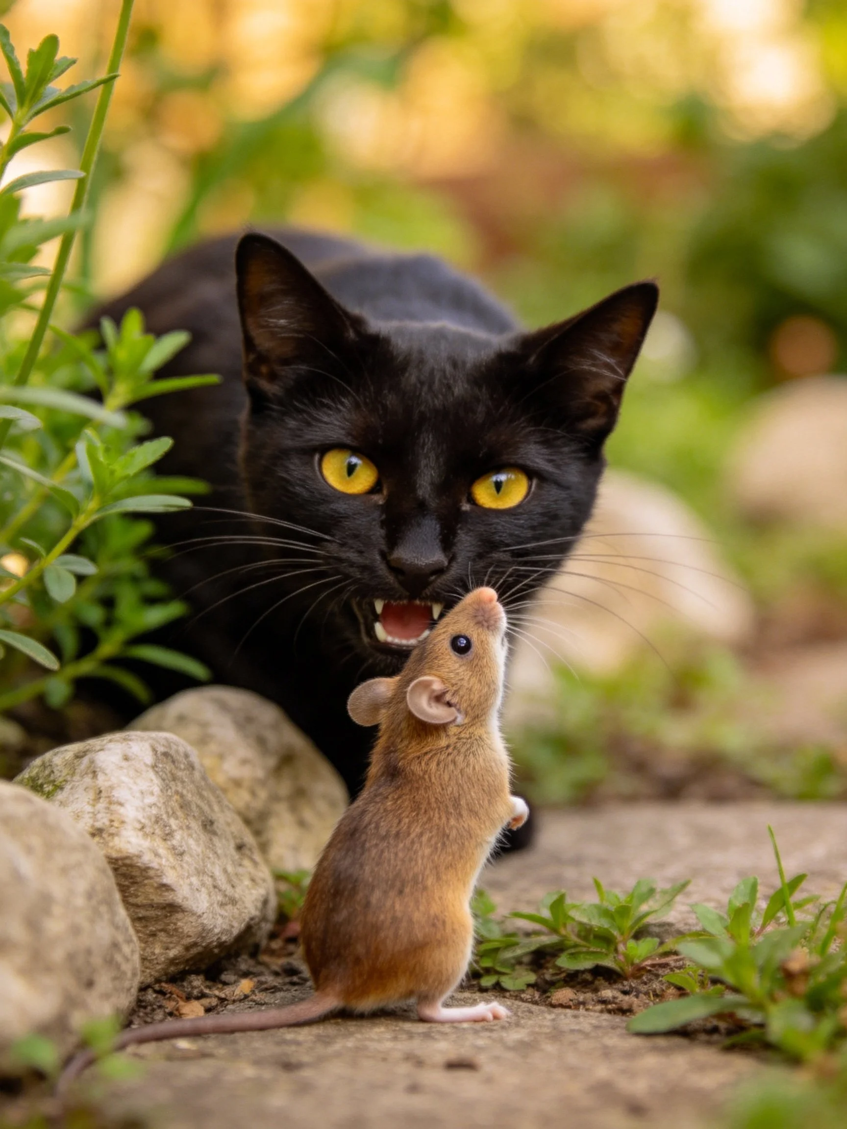 A black cat with yellow eyes confronting a small brown mouse outdoors