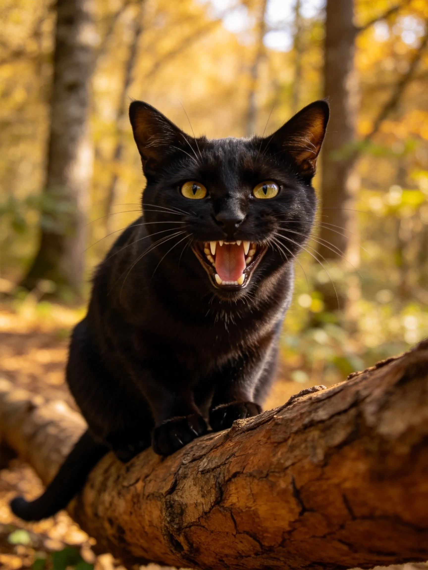 A black cat with yellow eyes on a fallen log