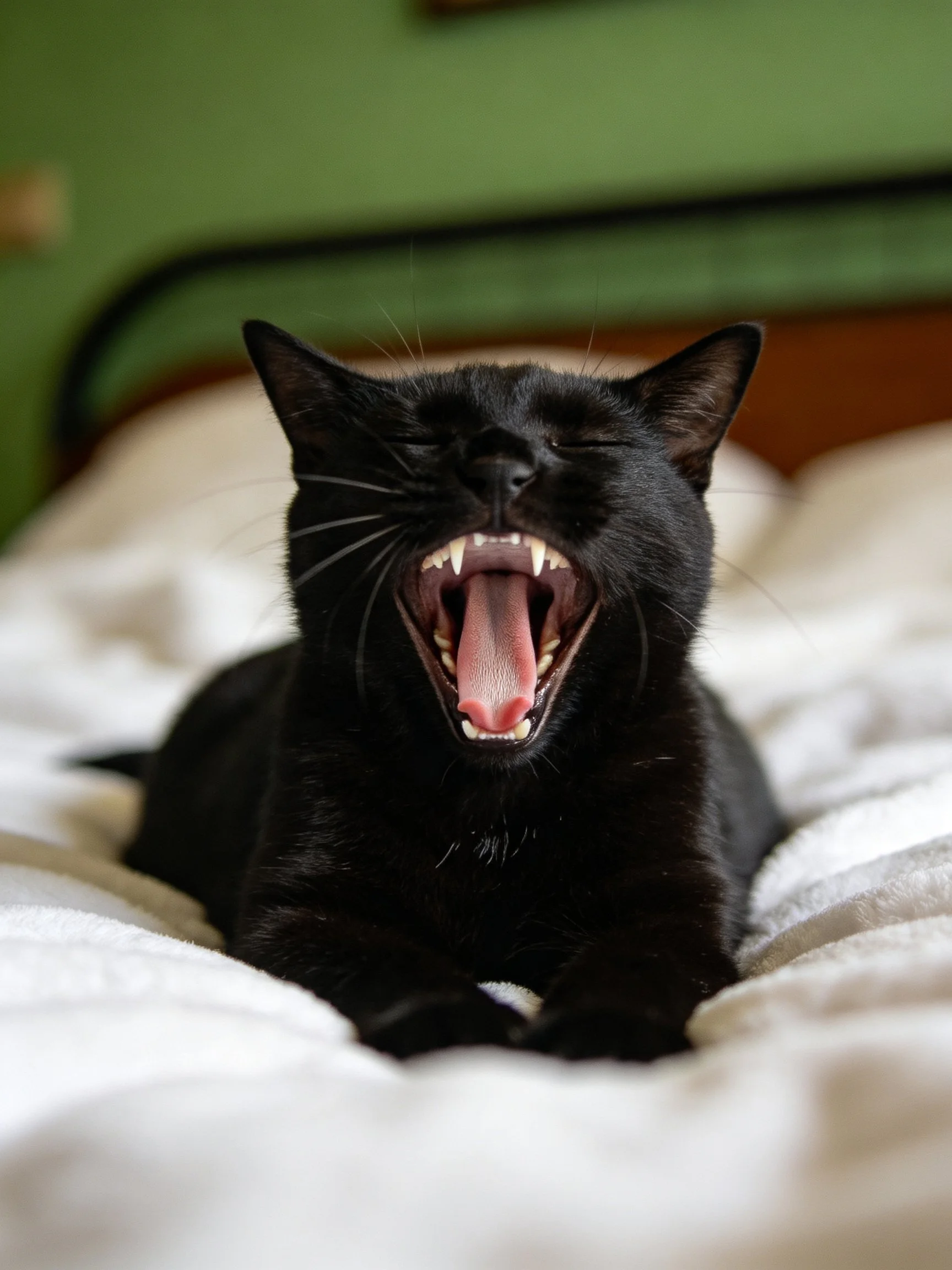 A black cat yawning on a white bed with blurred green backdrop