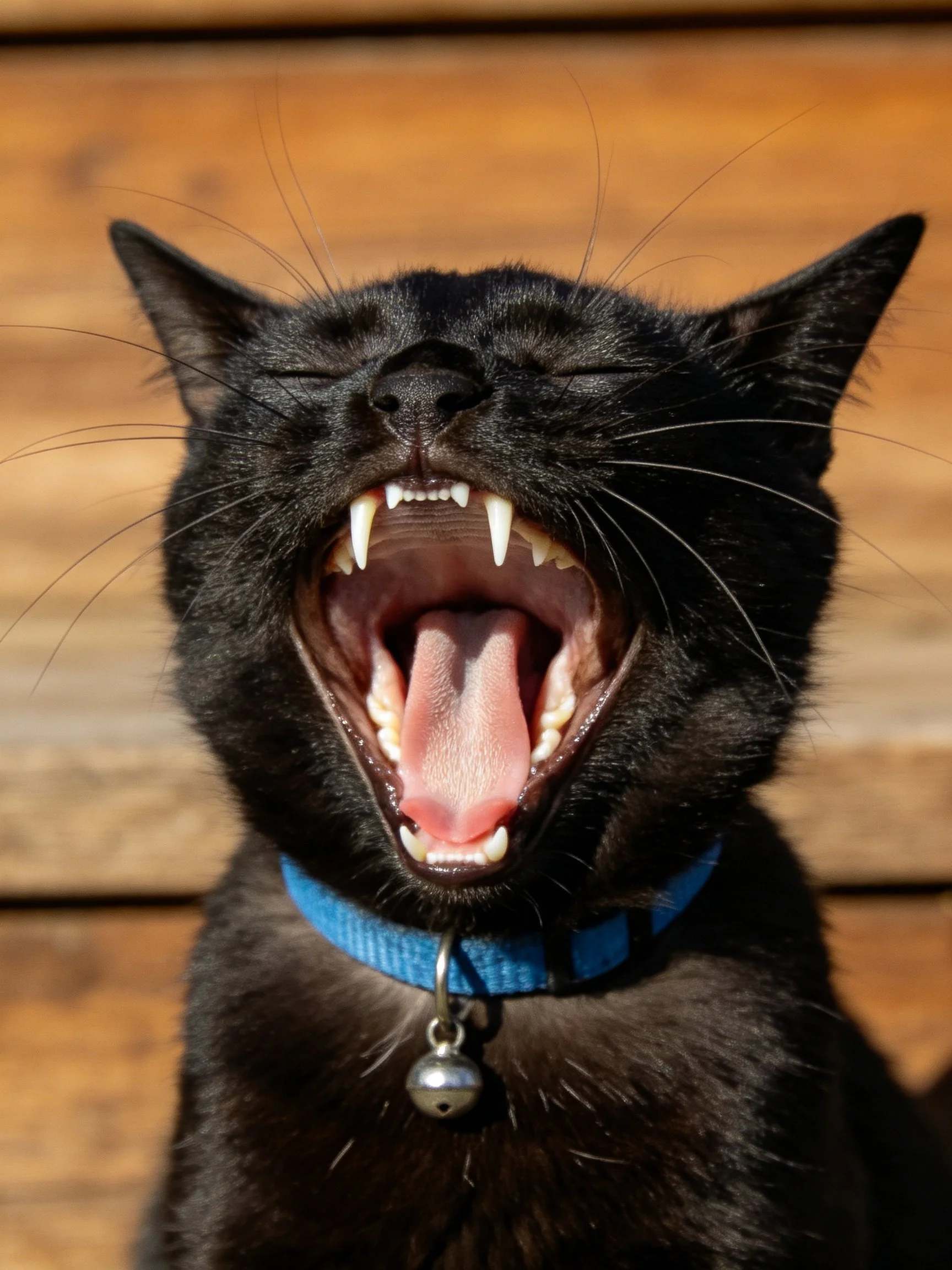 A black cat yawning widely with a blue collar near wooden planks