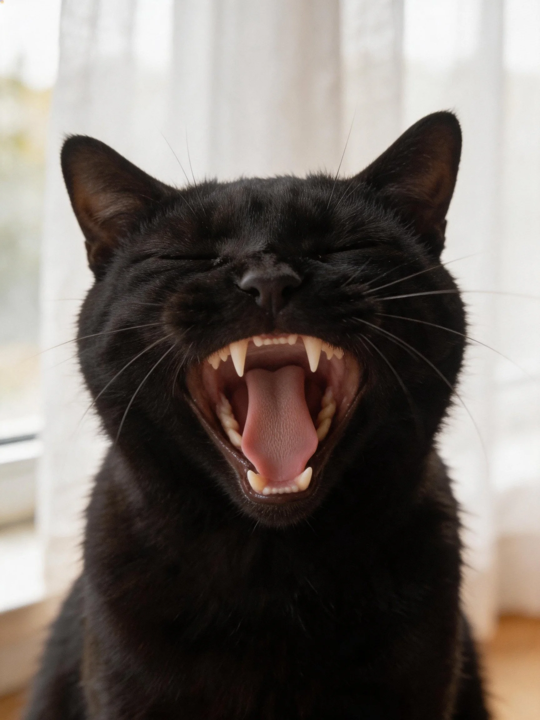 A black cat yawning widely with closed eyes near white curtains
