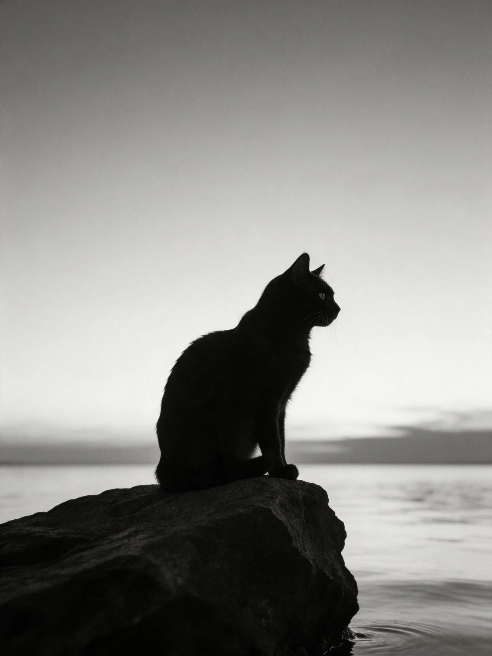 A black catsilhouetted on a rock by calm waters
