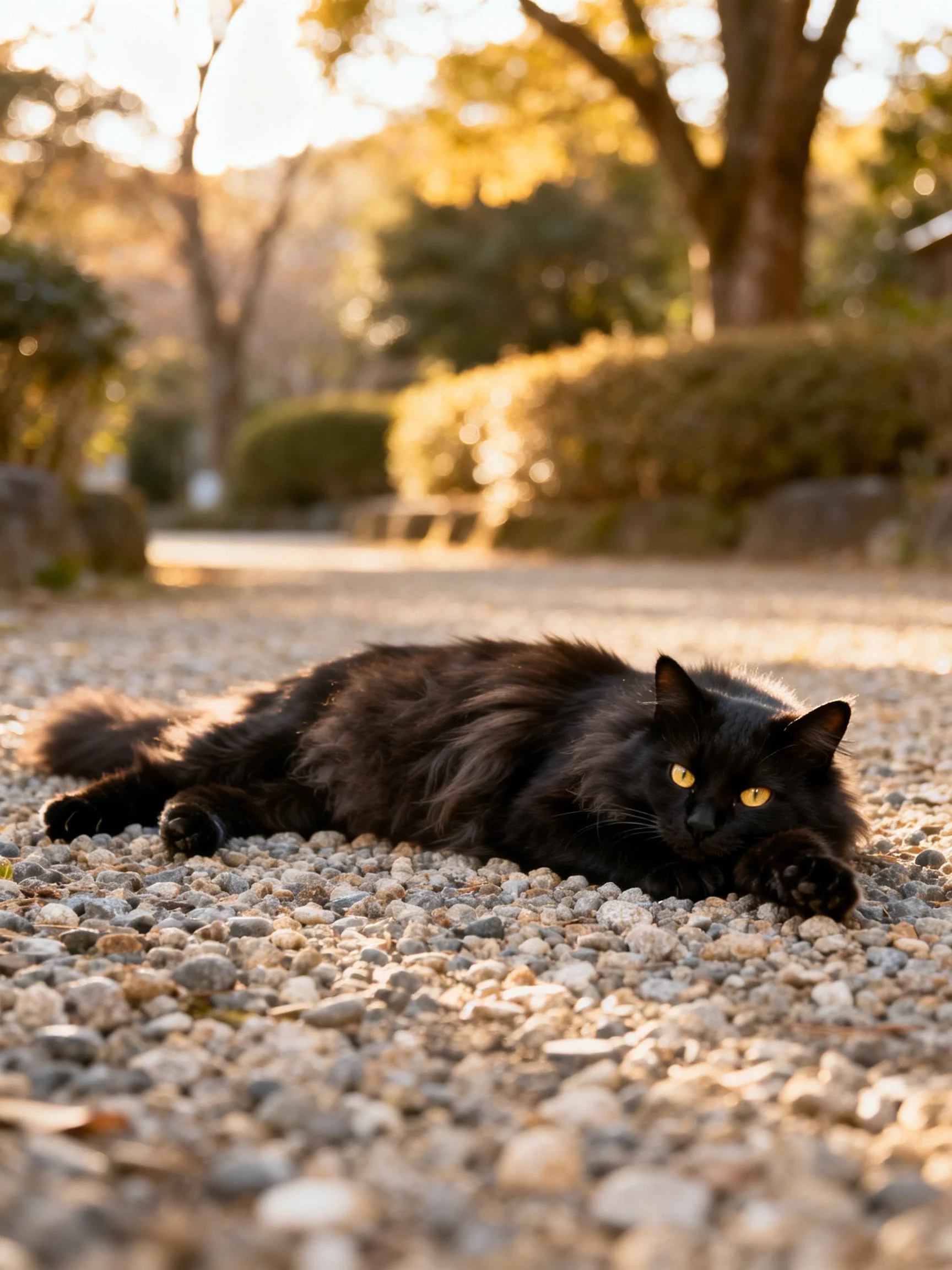 A black fluffy cat rests on gravel in a sunlit garden