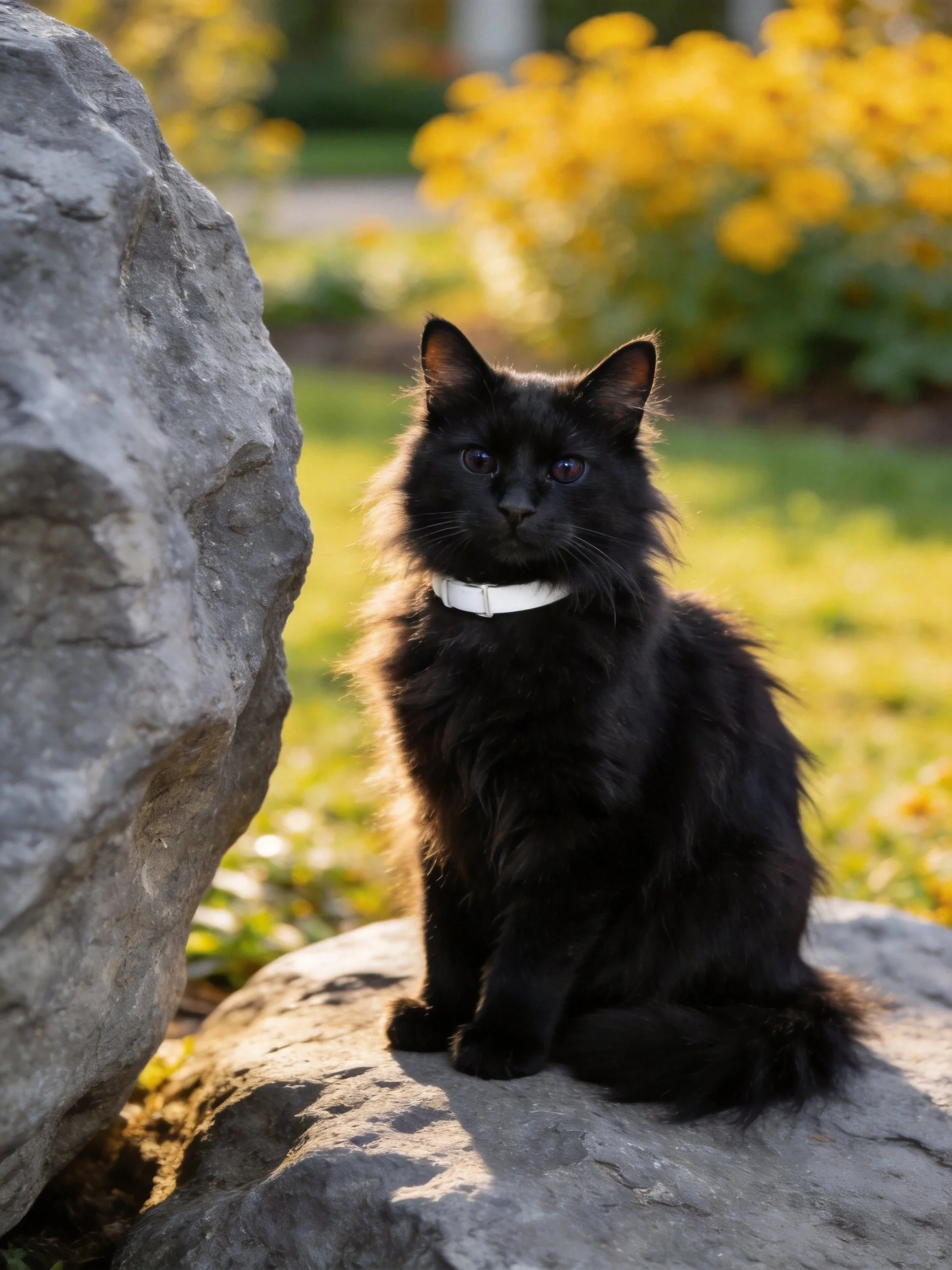 A black fluffy cat sits on a rock near large stones and yellow blooms