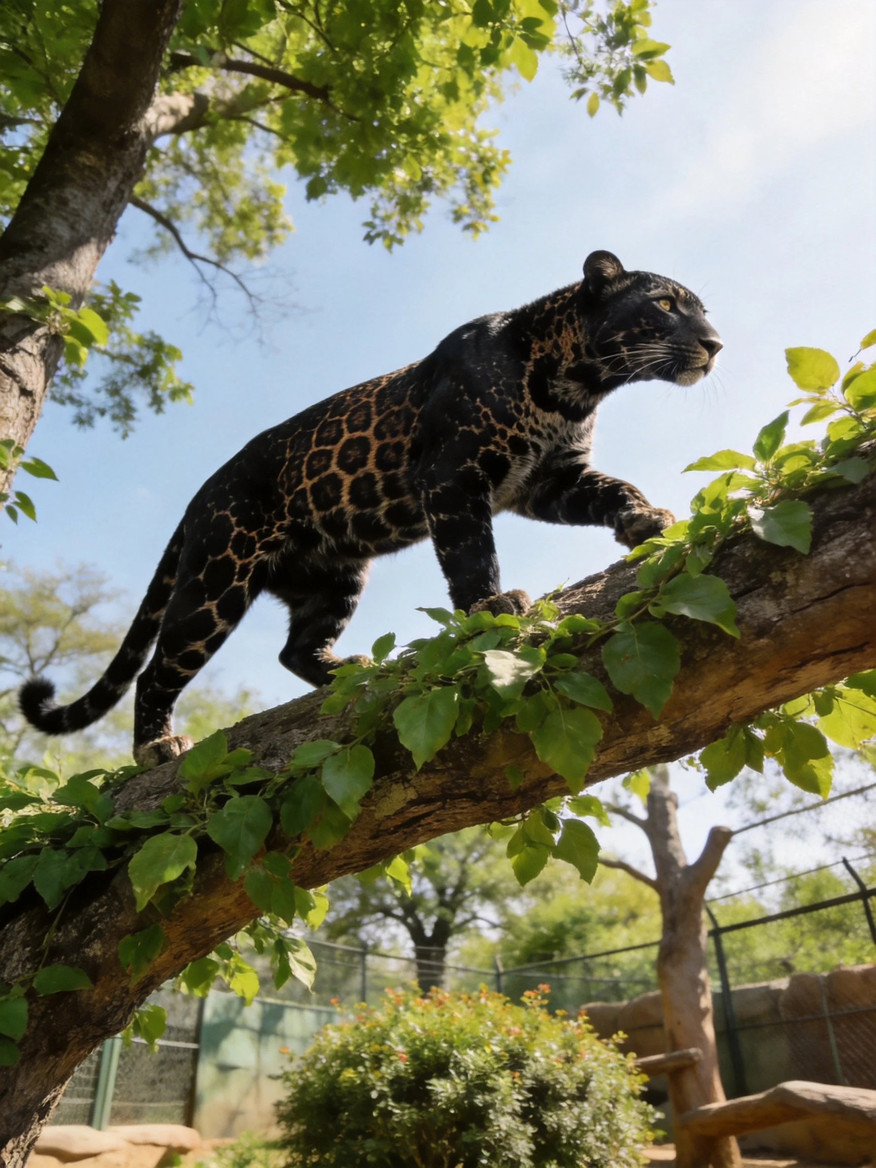 A black jaguar with golden rosettes on a leafy branch
