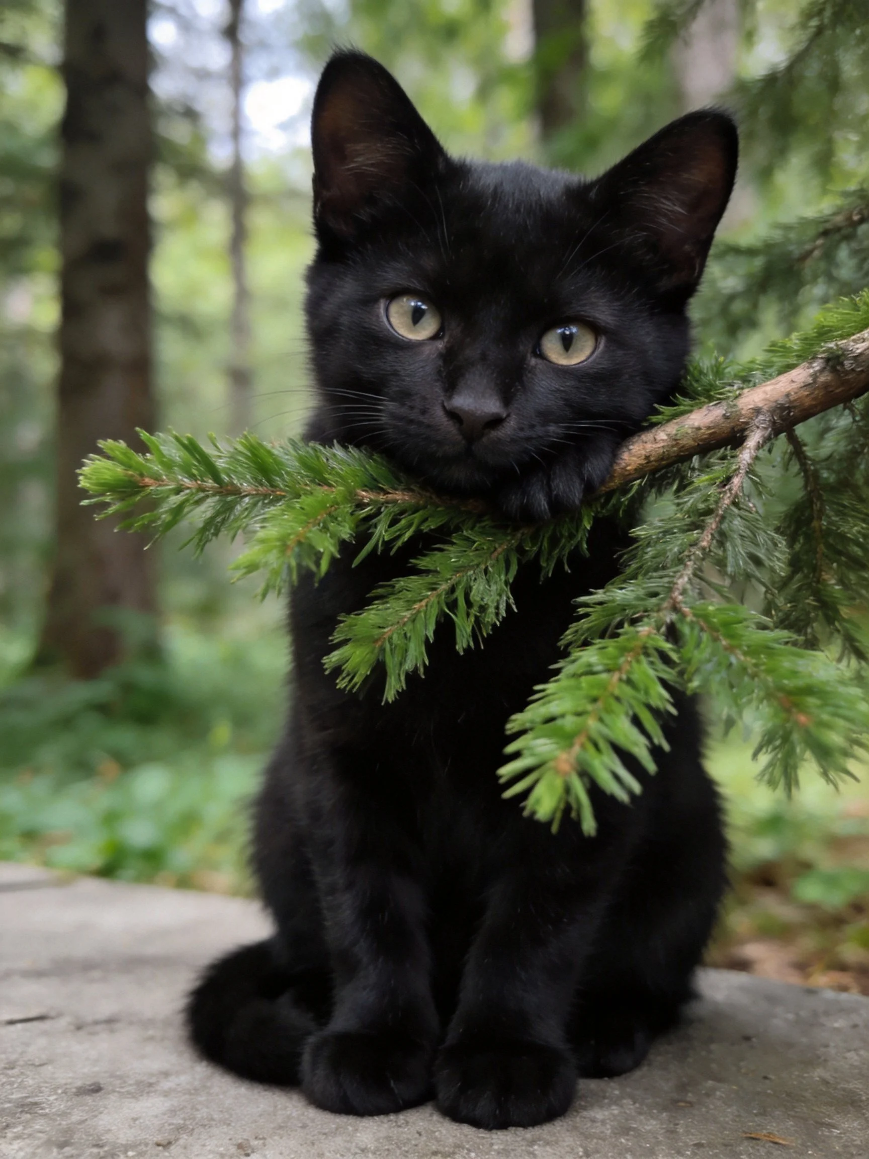 A black kitten clutching green pine branches in a forested area
