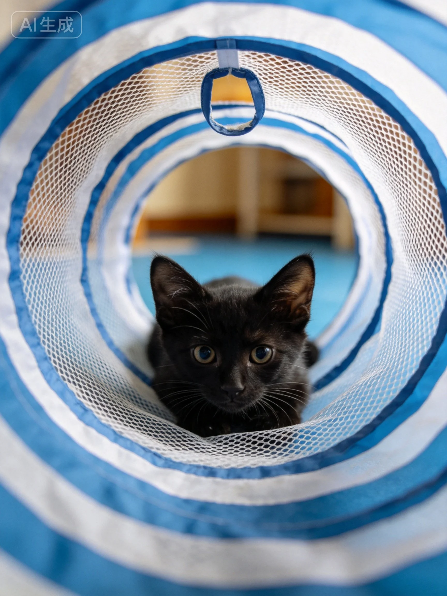 A black kitten inside a blue and white striped mesh tunnel