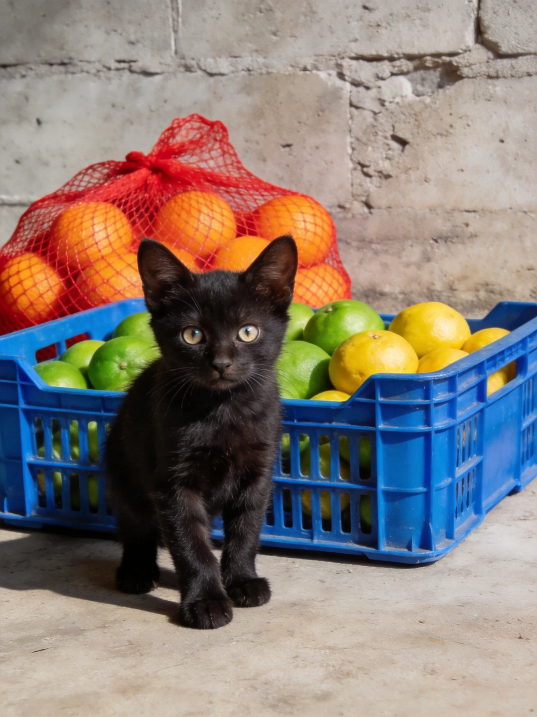 A black kitten stands near crates of assorted citrus fruits.
