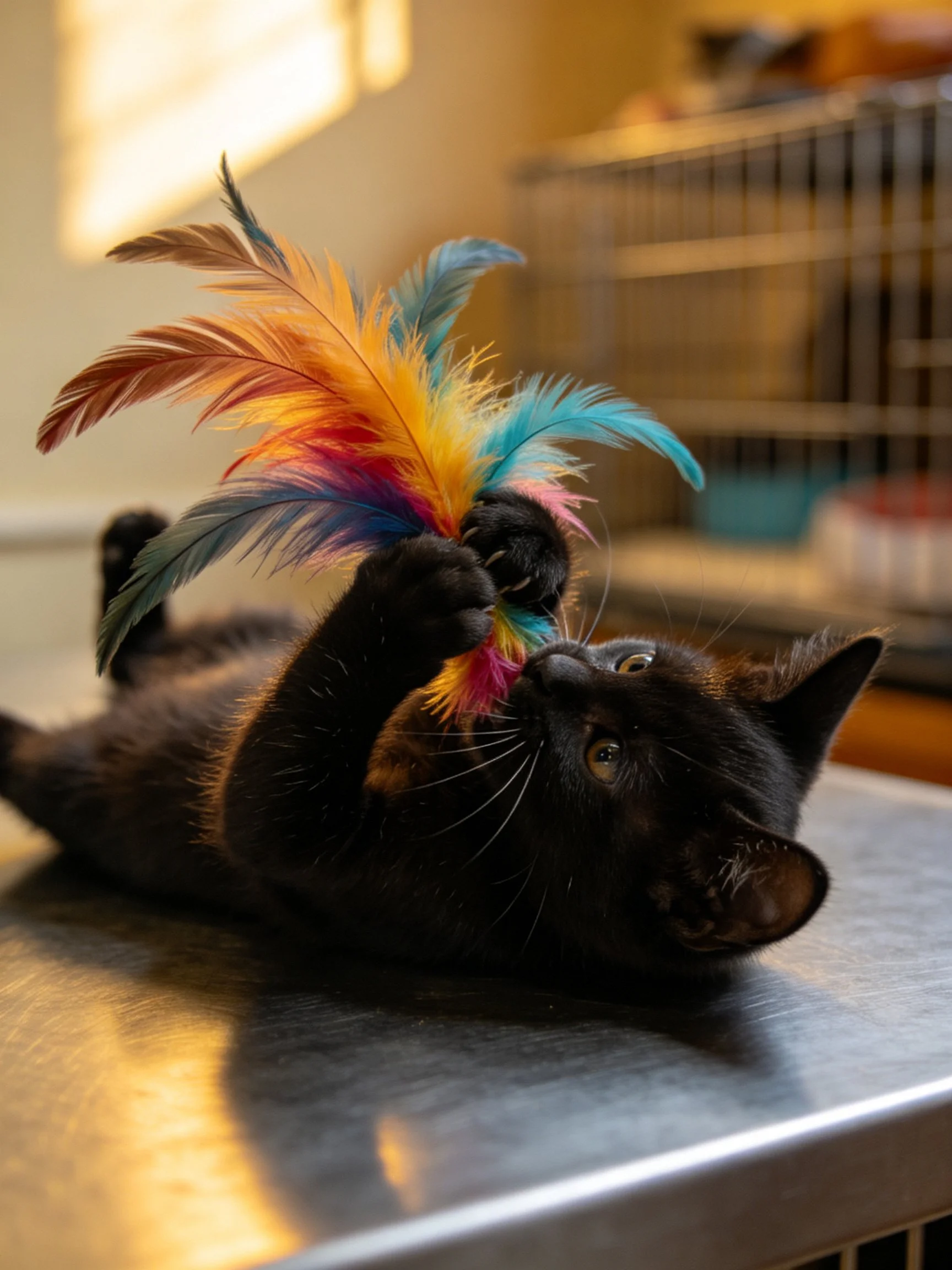 A black kitten plays with vibrant feather toys on a metallic surface