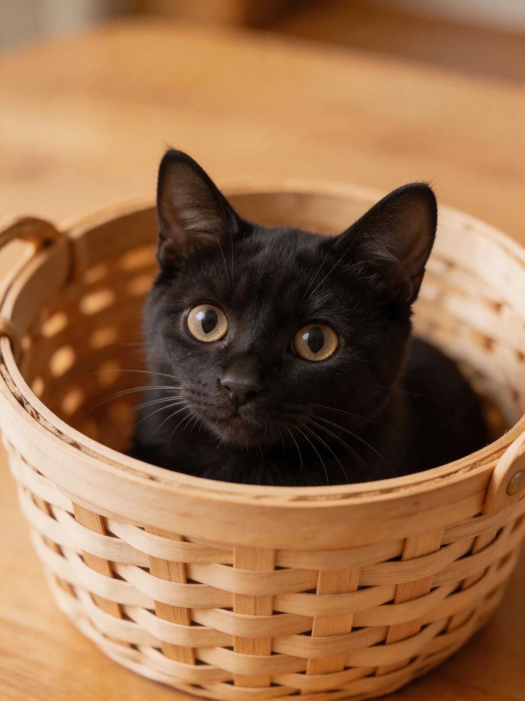 A black kitten resting in a woven wooden basket
