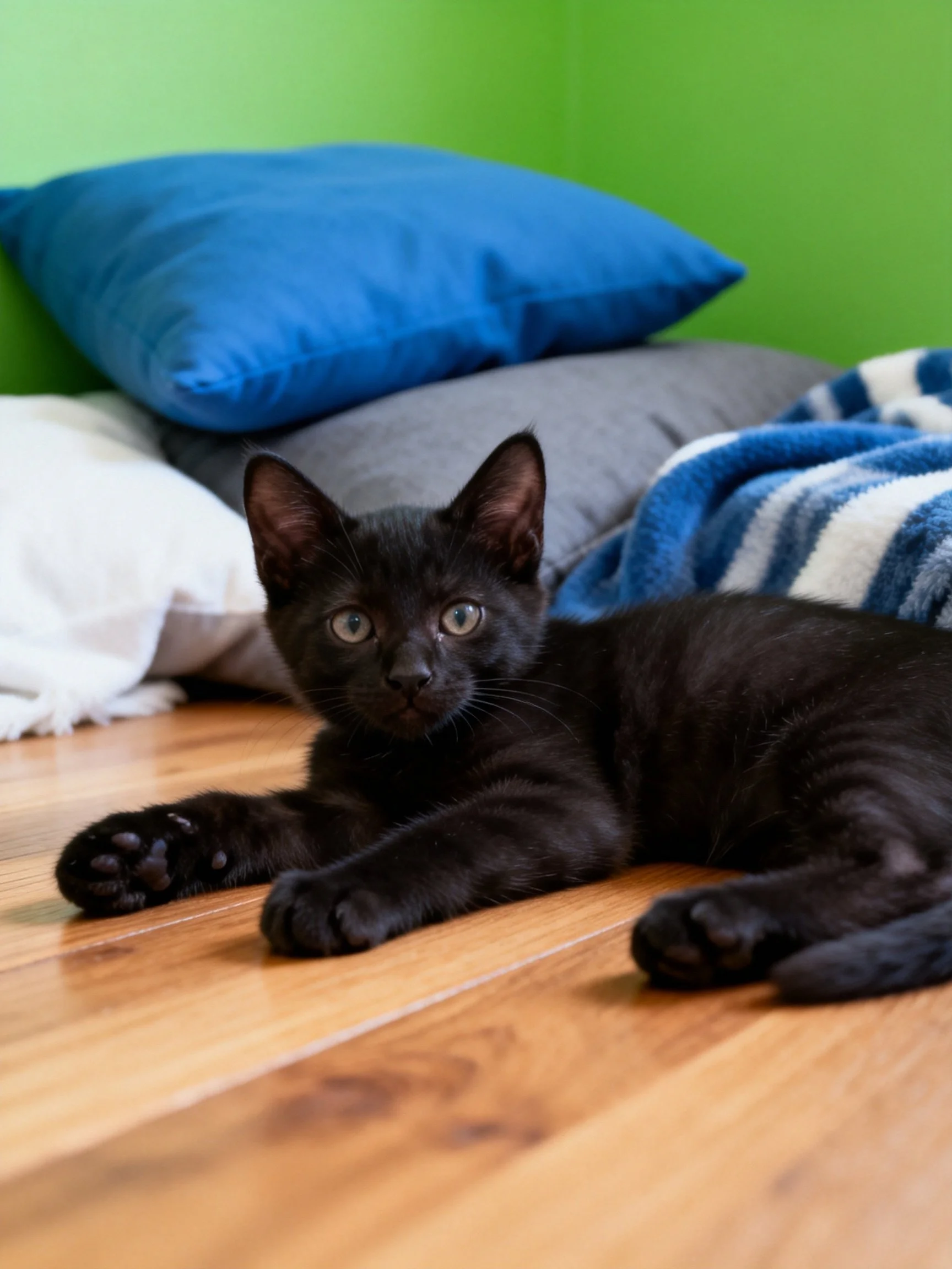 A black kitten rests near colorful pillows and a striped blanket on wood flooring