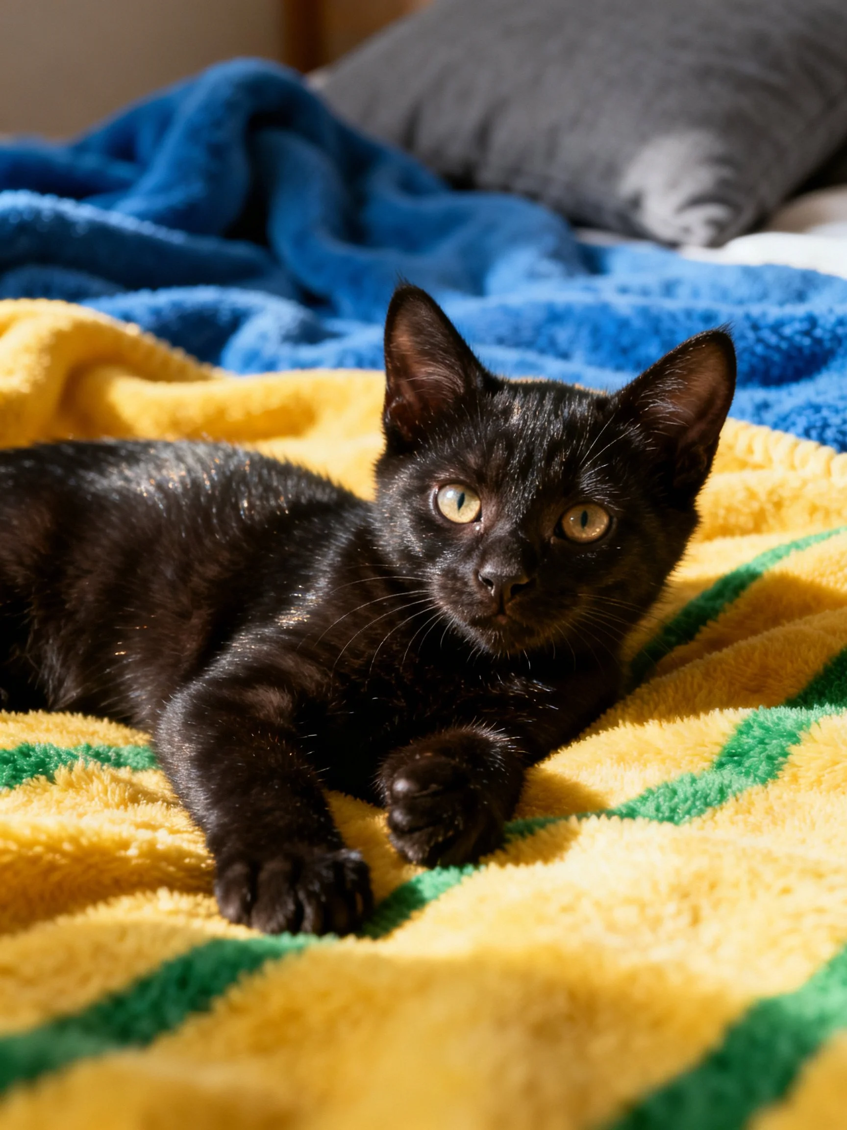 A black kitten rests on yellow and blue blankets near gray pillows