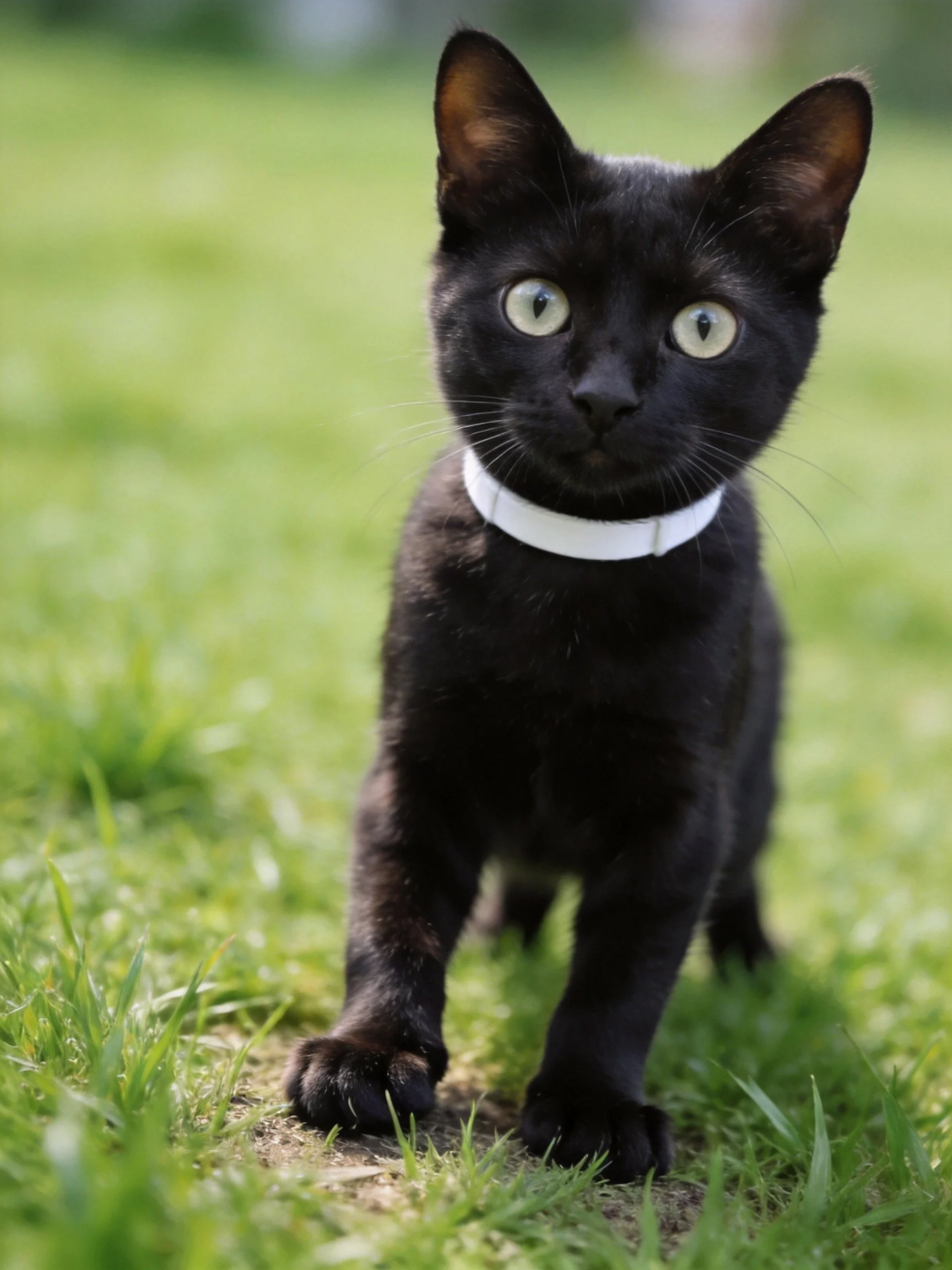A black kitten with bright green eyes and a white collar on grass