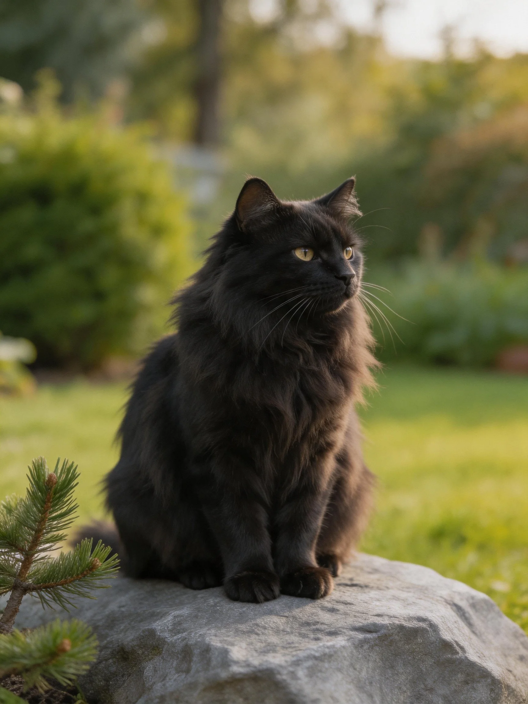 A black long-haired cat sits on a stone in a lush garden