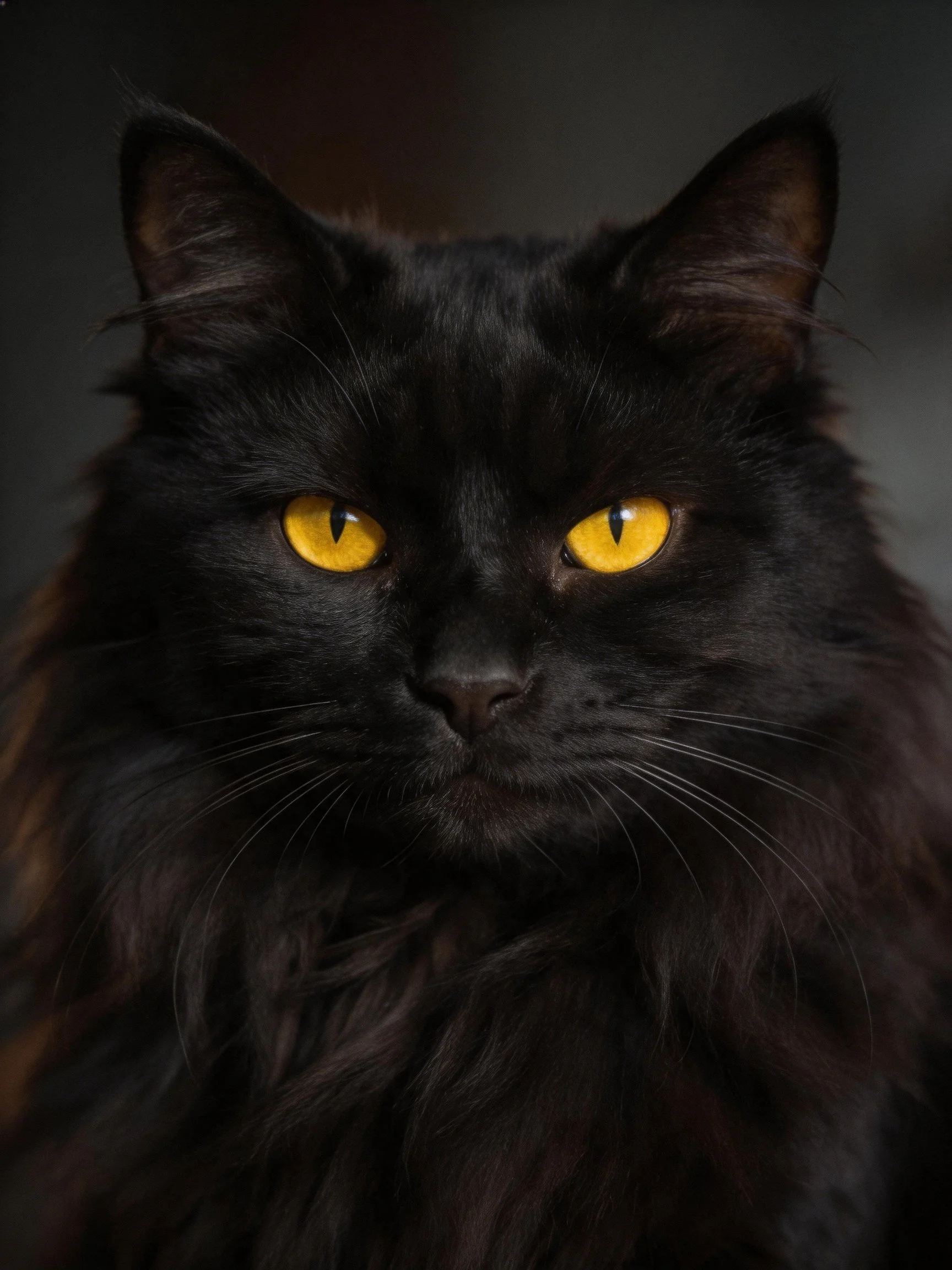 A black long - haired cat with striking yellow eyes