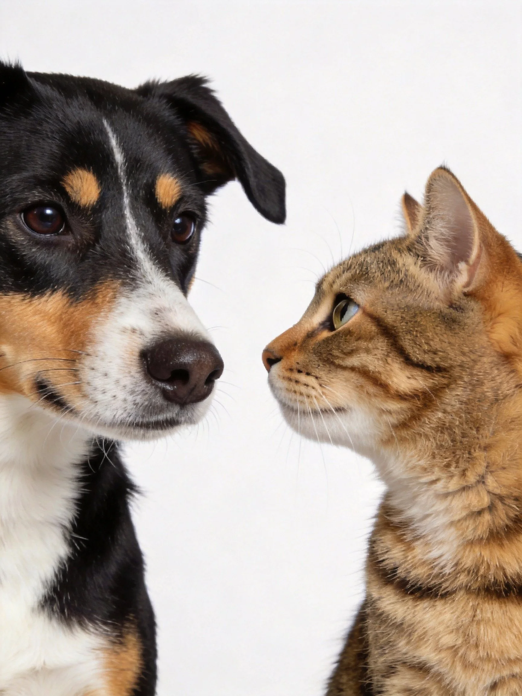 A dog and a cat gaze at each other in a bright, uncluttered scene.