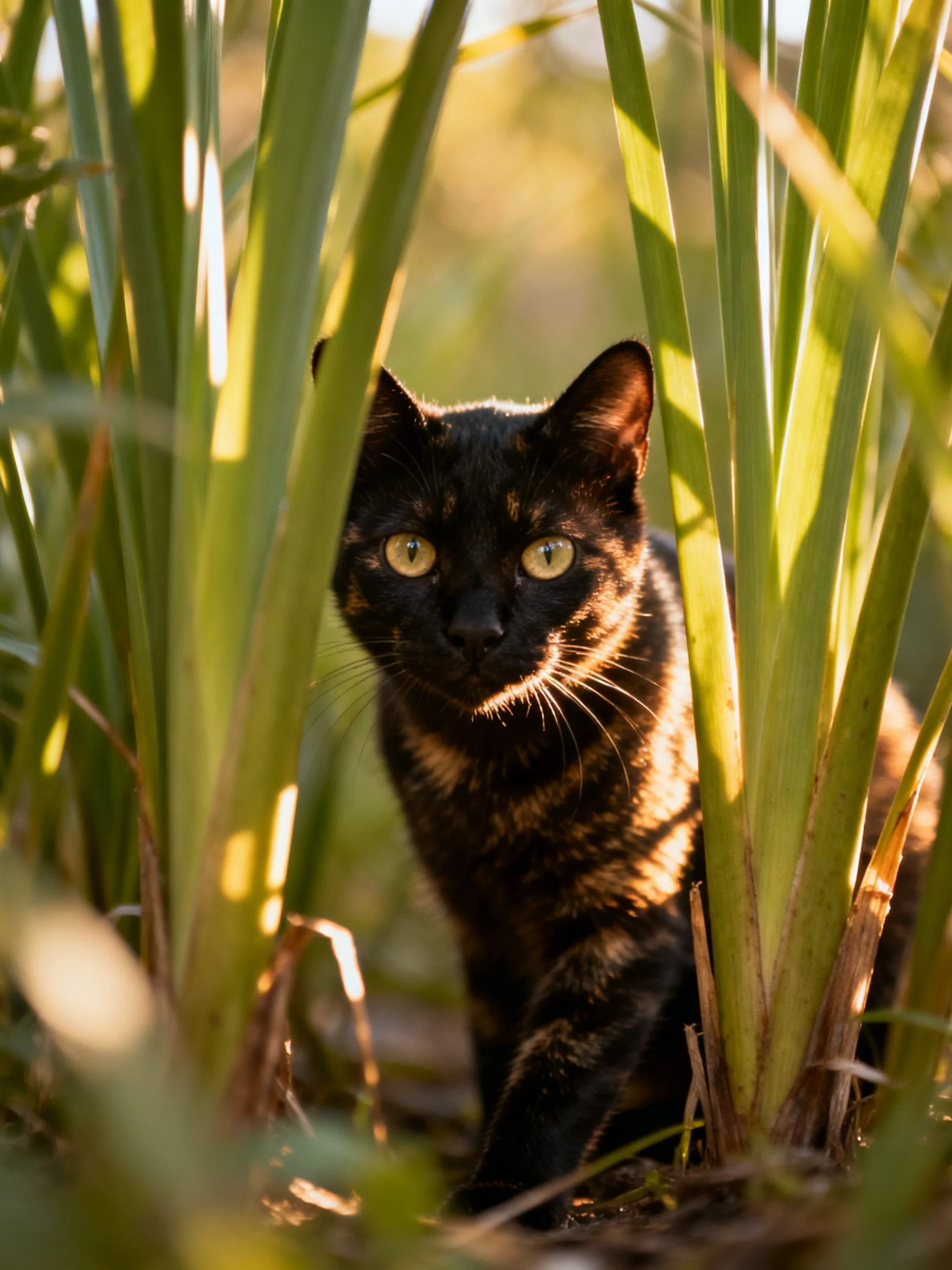 A black tortoiseshell cat hides among tall green foliage