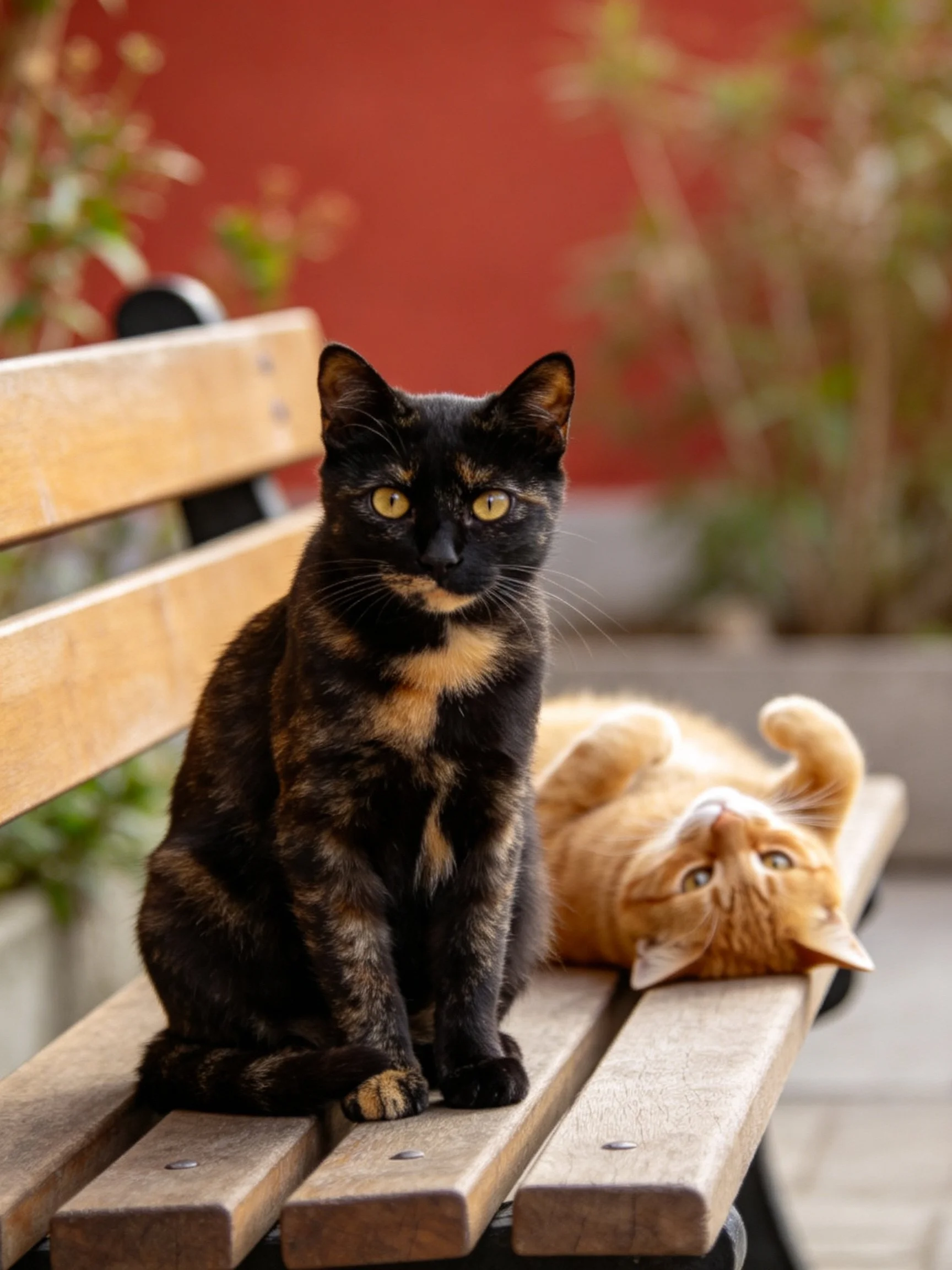 Two cats rest on a wooden bench, one sitting upright while the other lies down
