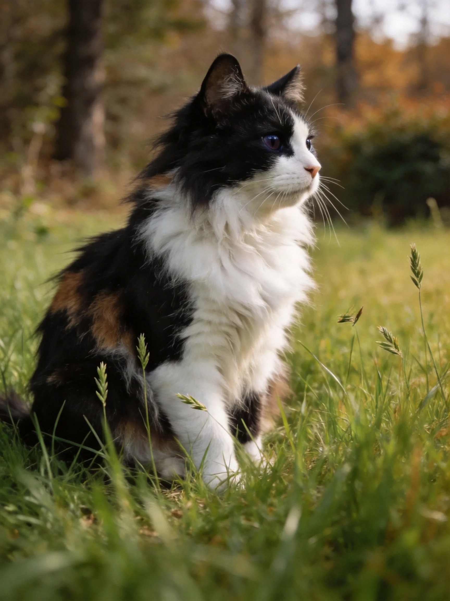 A black, white, and brown calico cat sits in lush green grass near trees