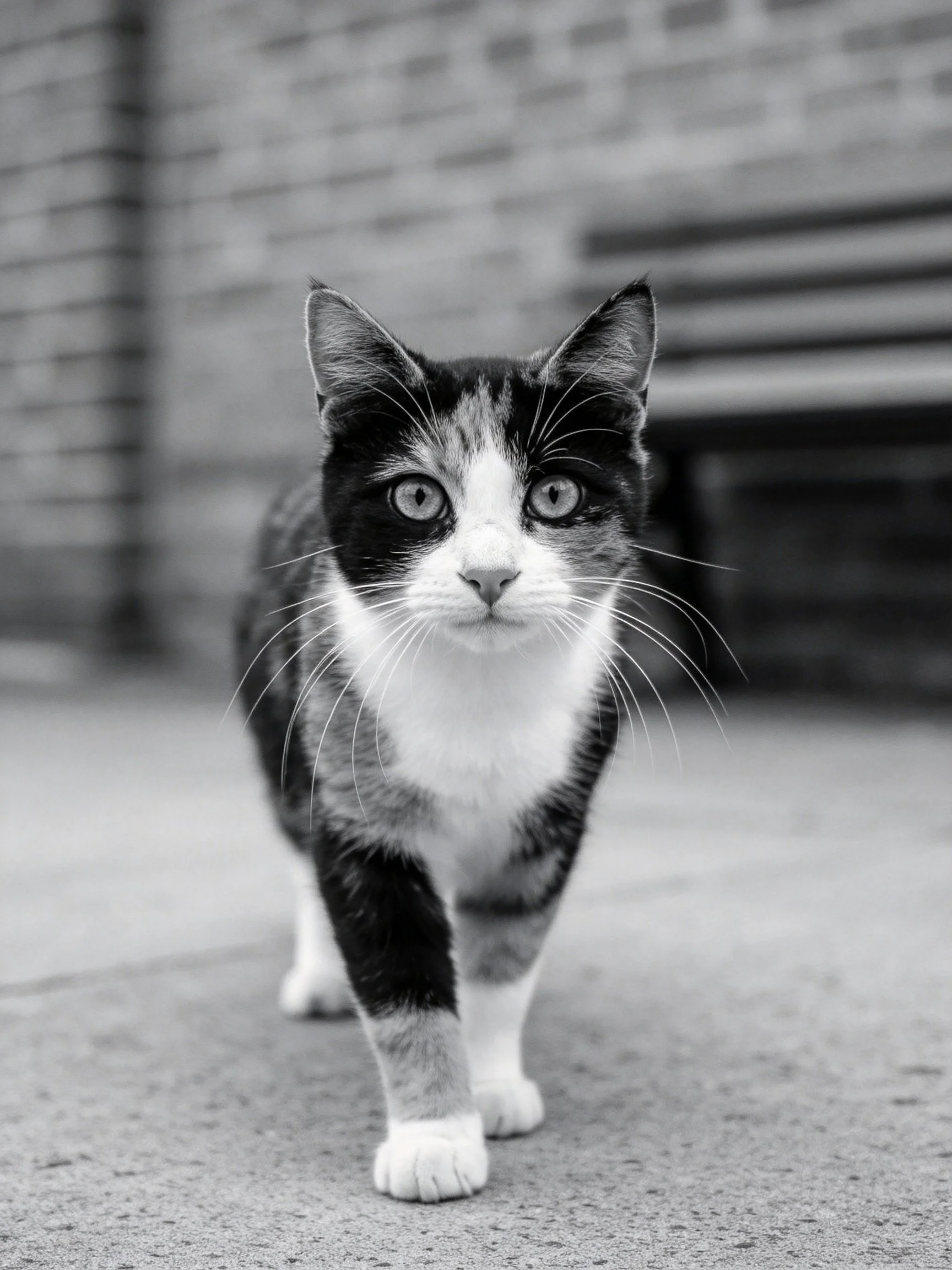 A black, white, and gray calico cat walking toward the camera