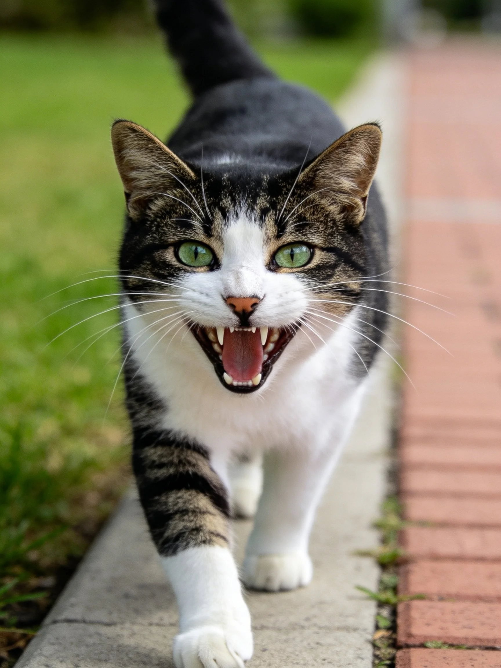 A black, white, and tabby cat walks on a brick path with mouth open
