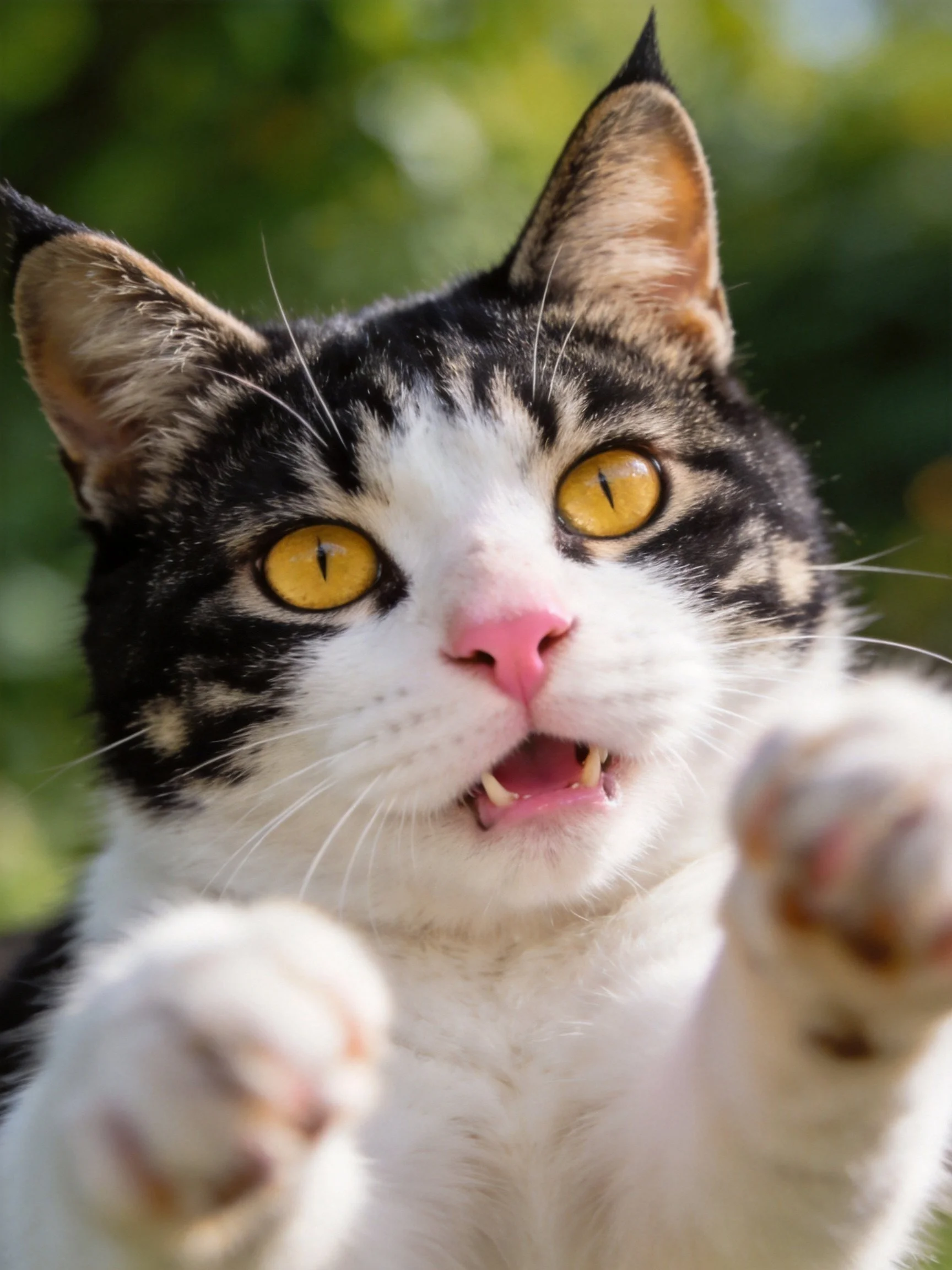 A calico cat with bright yellow eyes reaches forward in an outdoor setting.