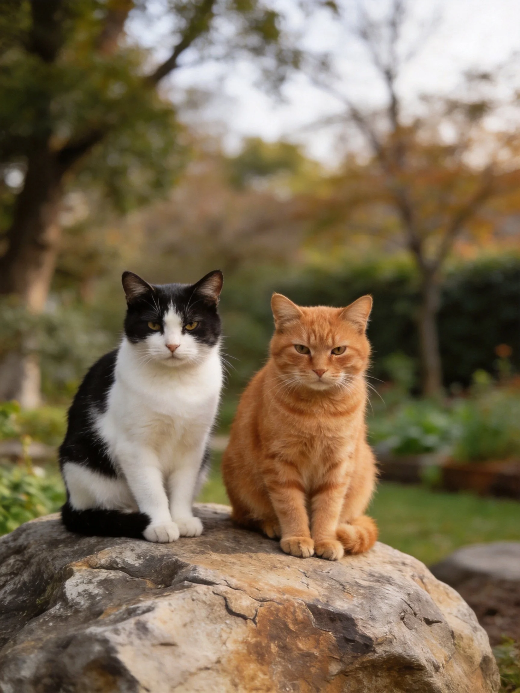 Two cats sit together on a rock in a garden setting.