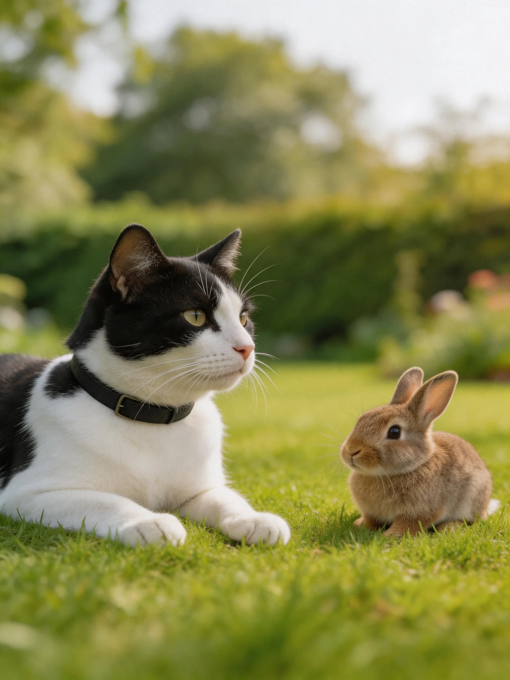 A black - white cat and brown rabbit rest on green grass