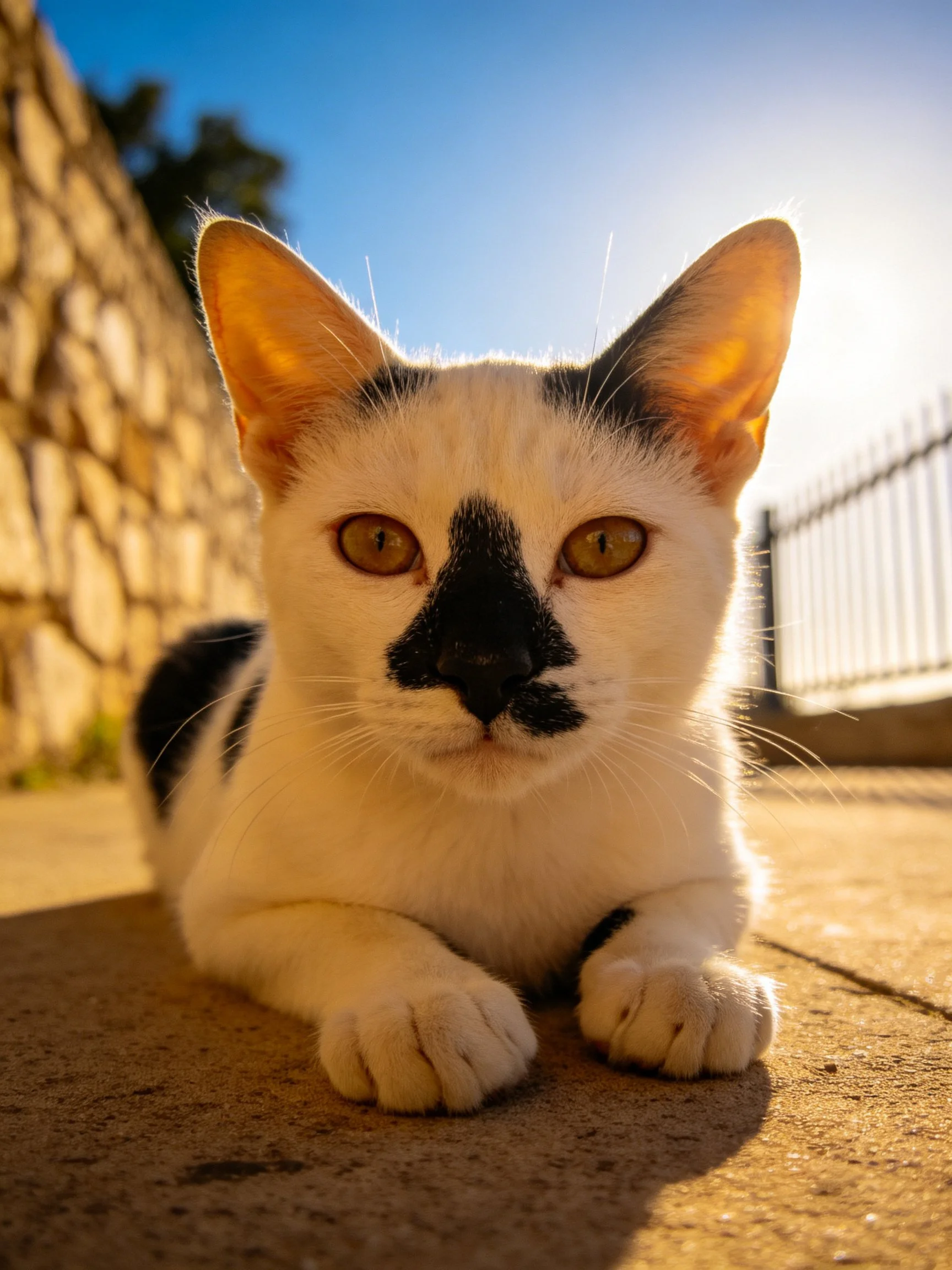 A black --white cat rests near a stone wall under bright sunlight