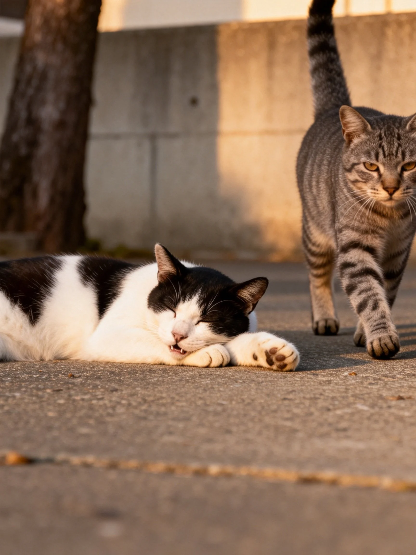 A black - white cat rests while a gray tabby walks outside