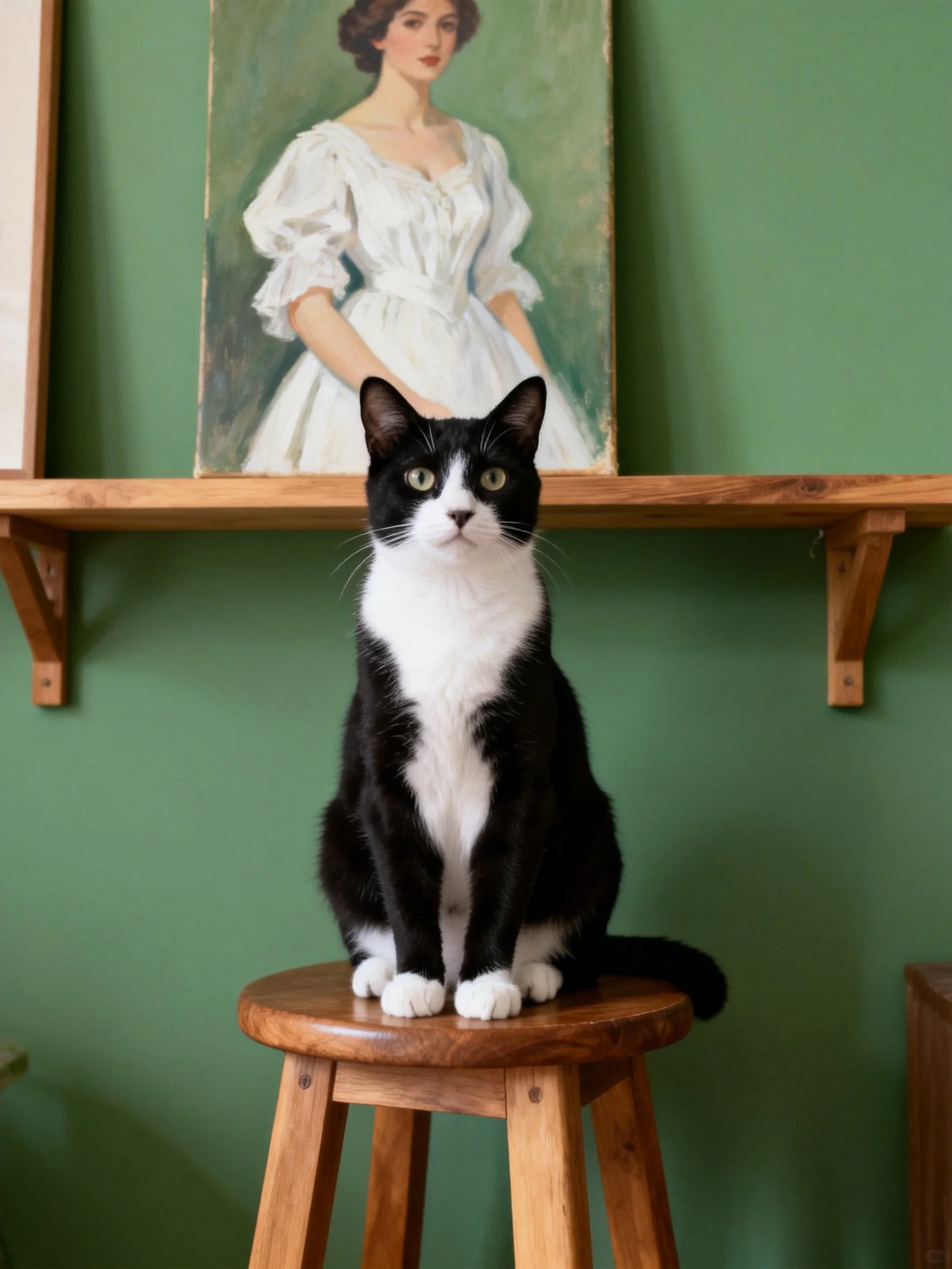 A black - white cat sits on a wooden stool beside a green wall with a framed portrait