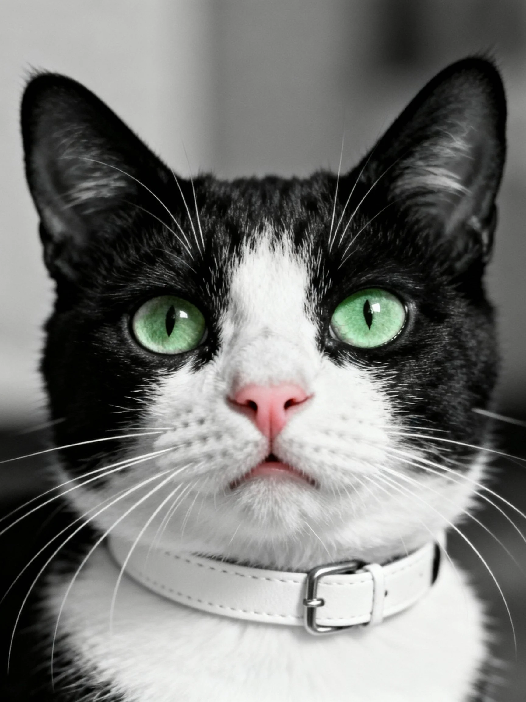 Close - up of a black and white cat with striking green eyes and a white collar.