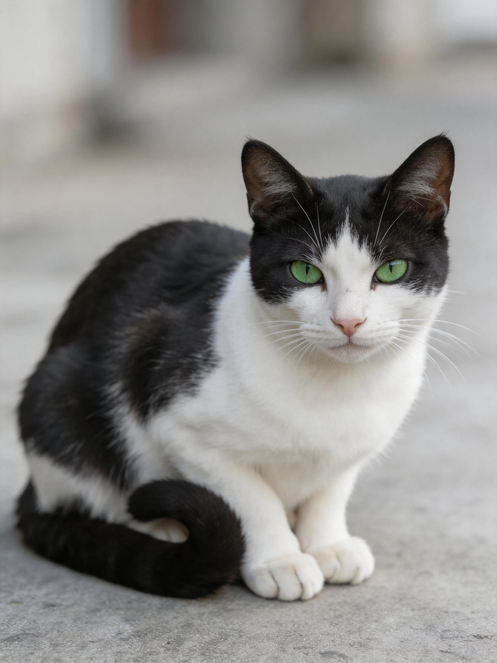 A black - white cat with green eyes sits calmly on a concrete surface.