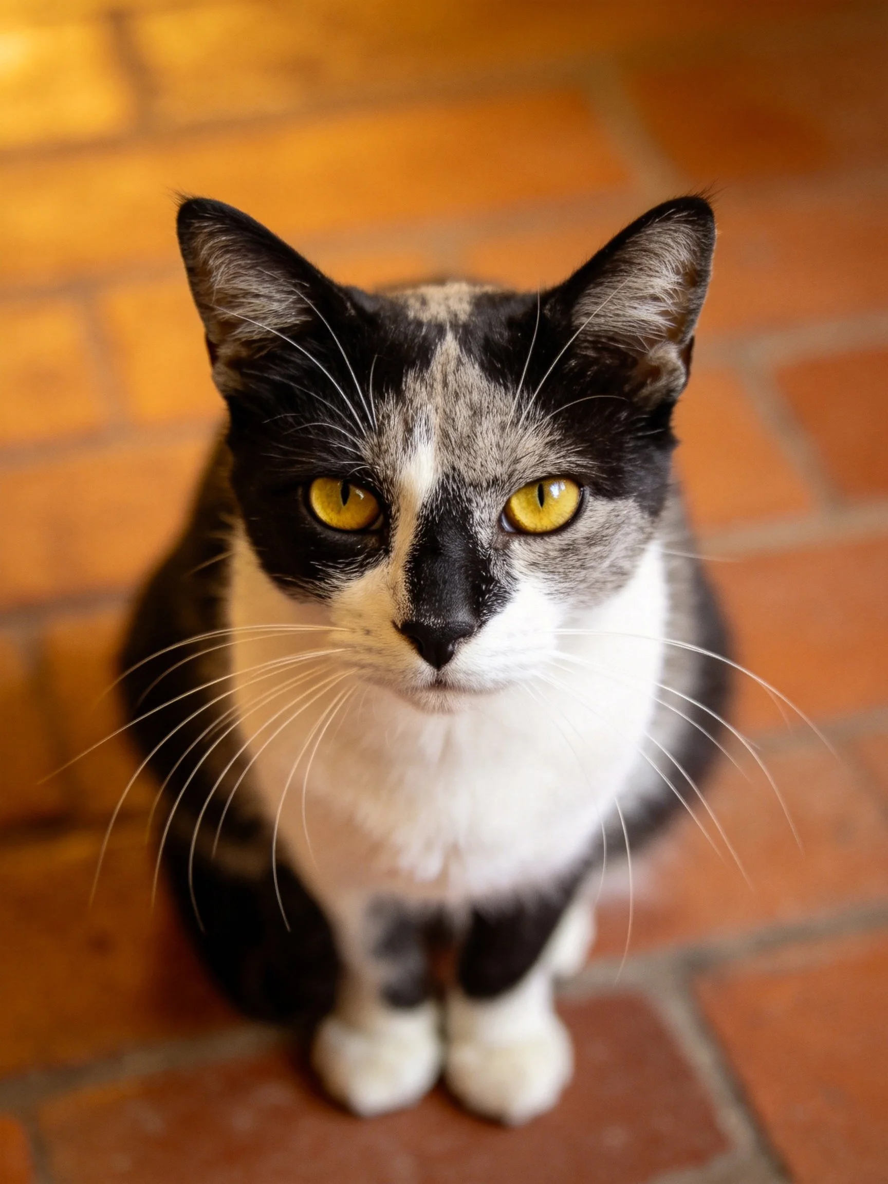 A black - white cat with bright yellow eyes sits on terracotta tiles