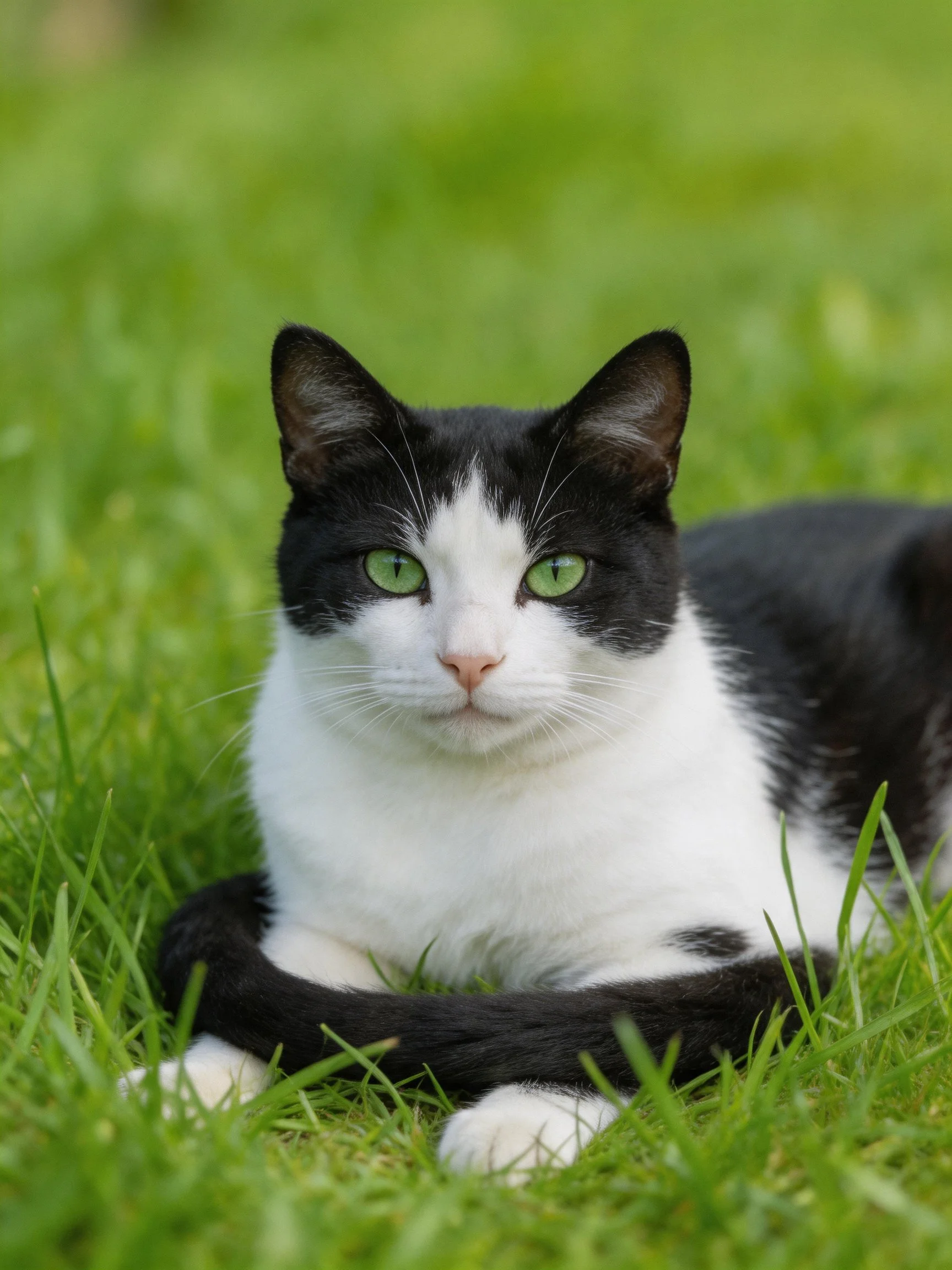 A black - white cat with green eyes resting on lush grass