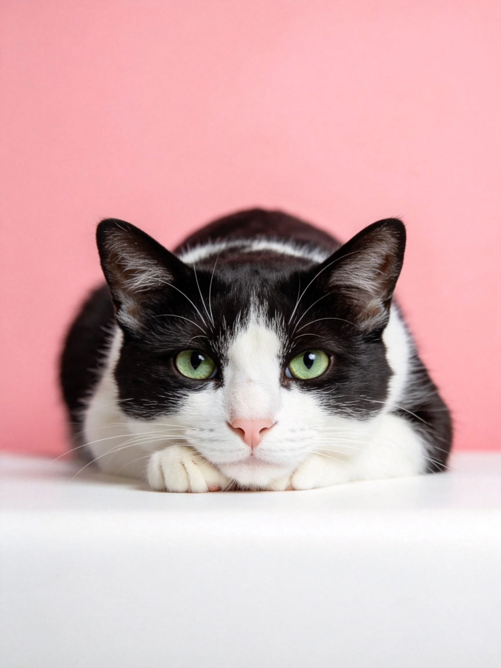 A black - white cat with green eyes rests by a pink backdrop
