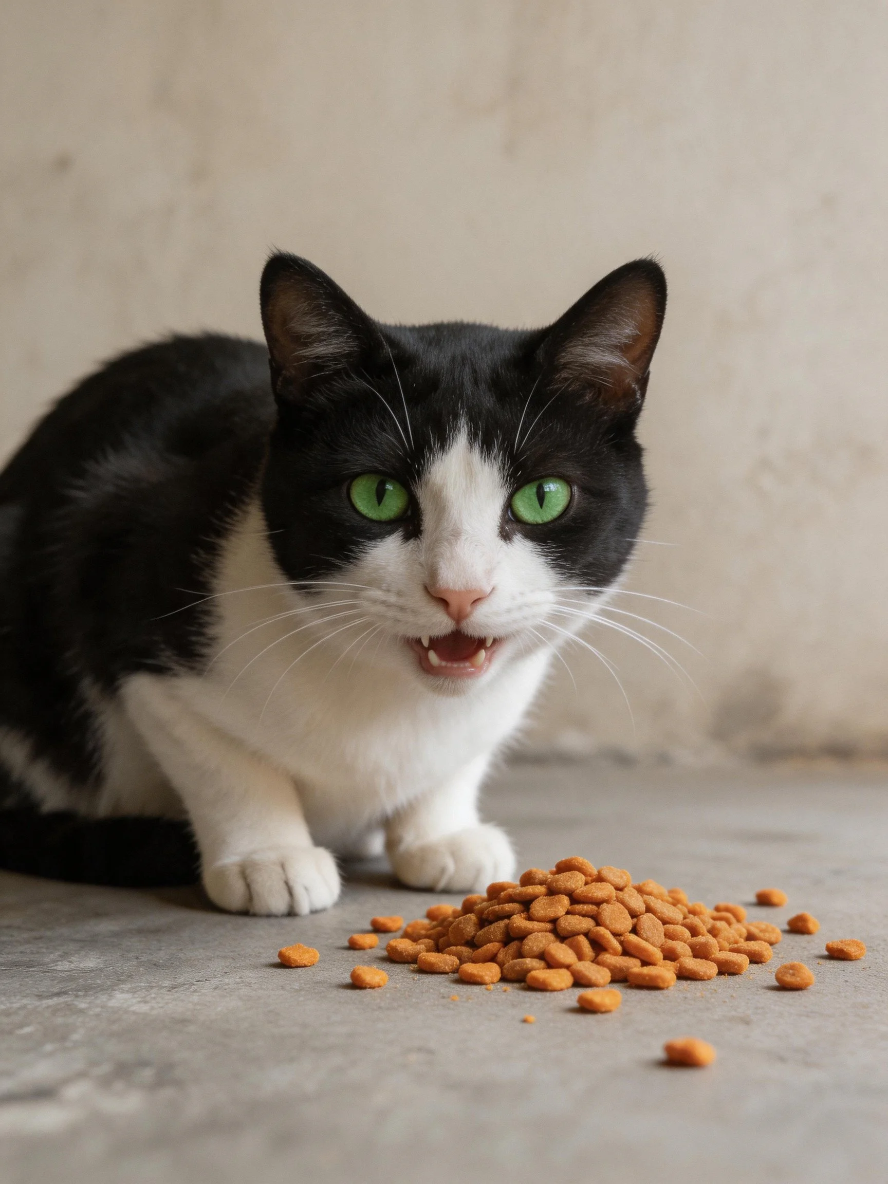 A black - white cat with green eyes sits beside scattered orange cat food