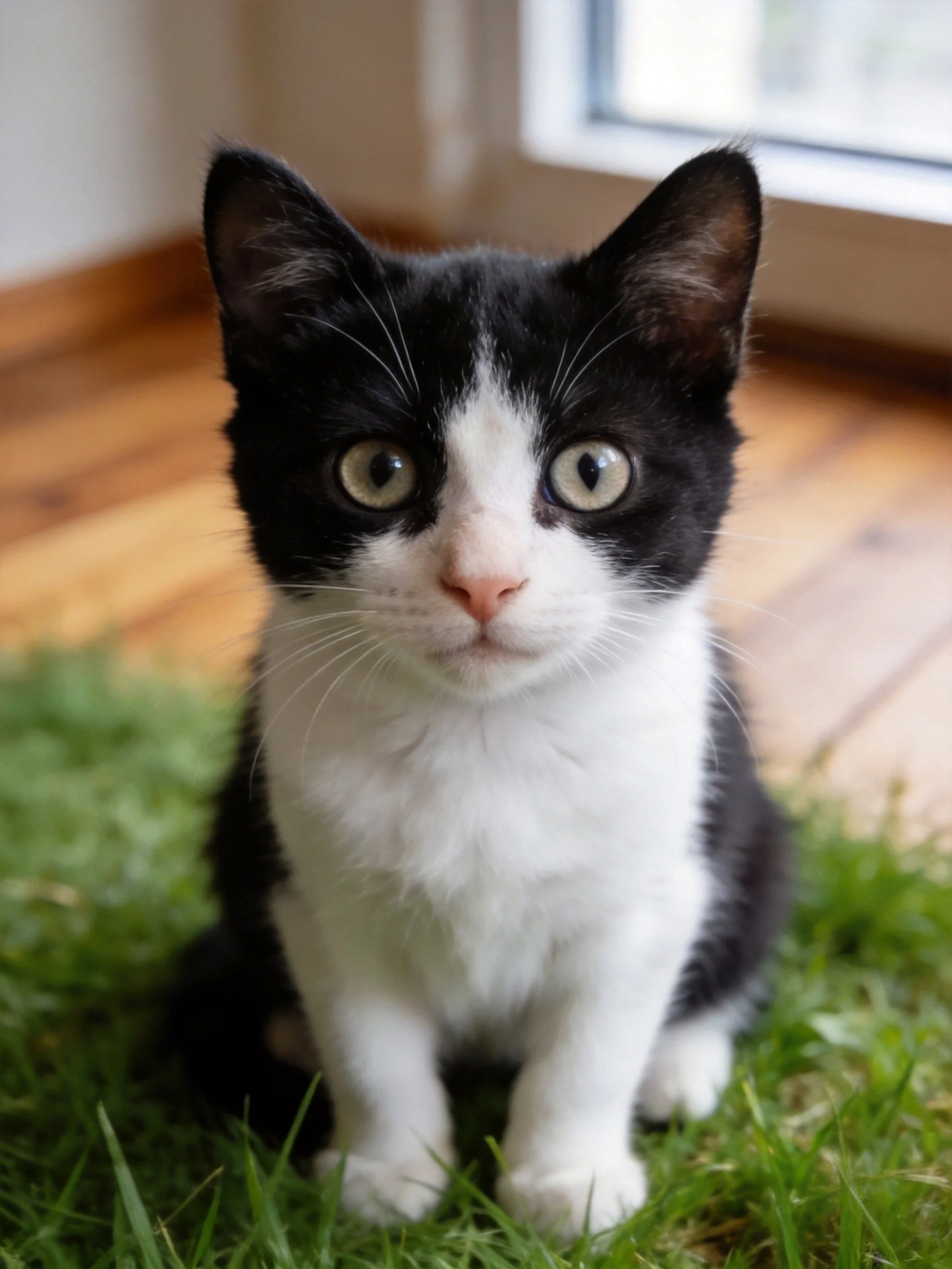 A black - white kitten with green eyes sits on grass near wooden flooring