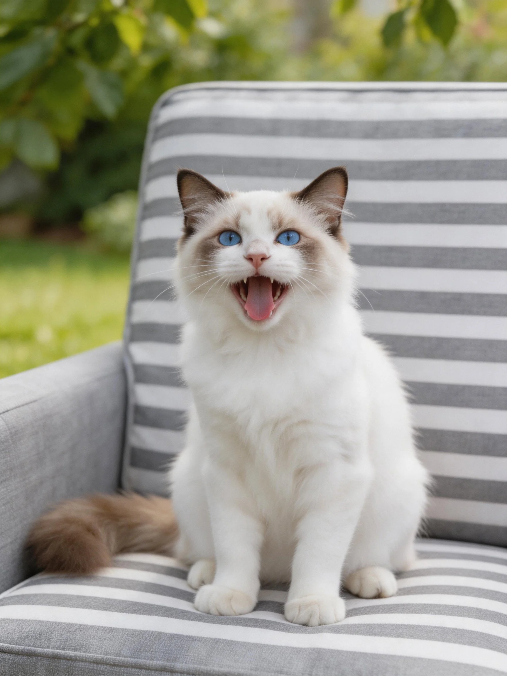 A blue-eyed Ragdoll cat sits on a gray-striped chair outdoors