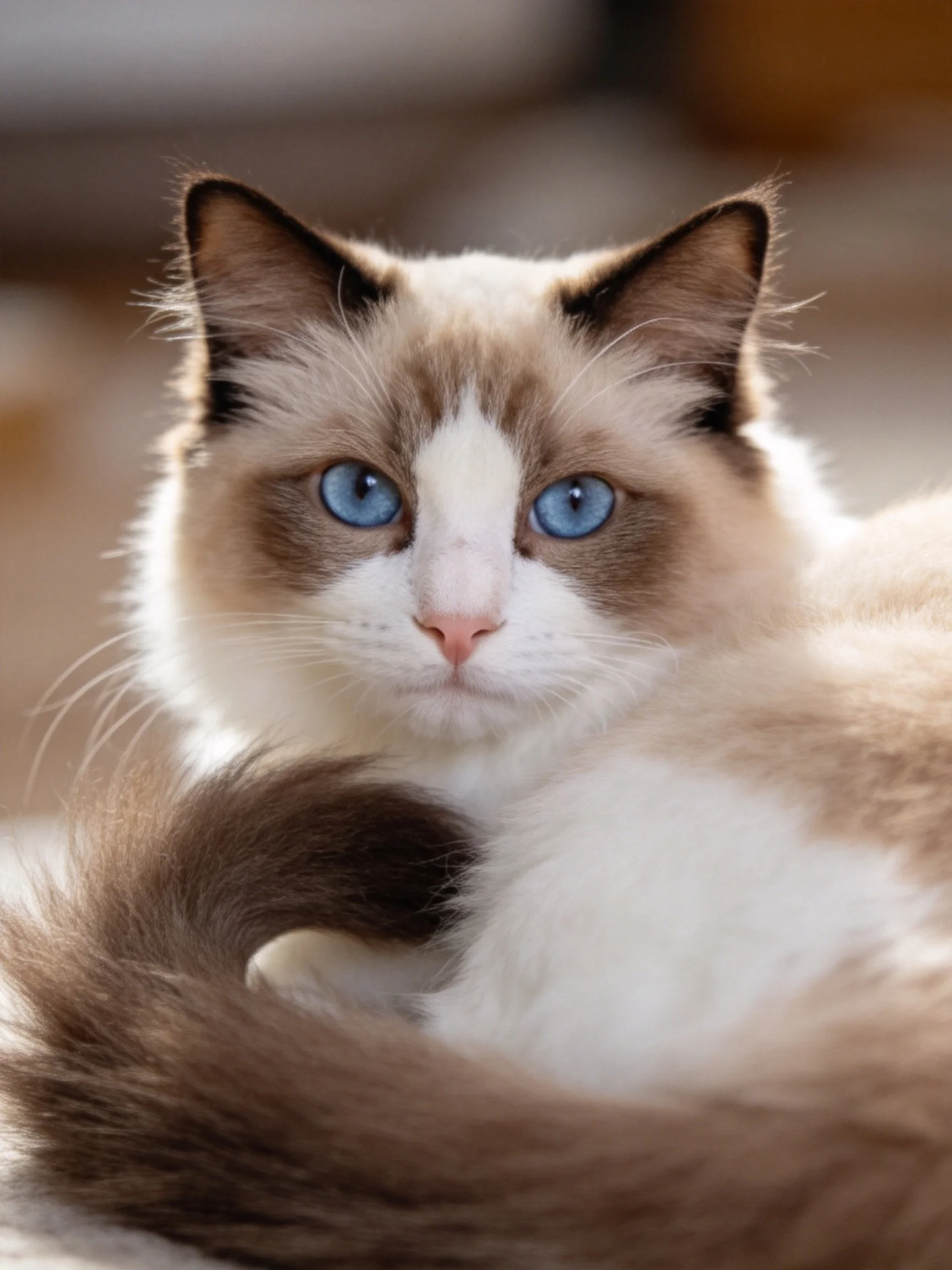 A blue-eyed Ragdoll cat with white and brown fur rests