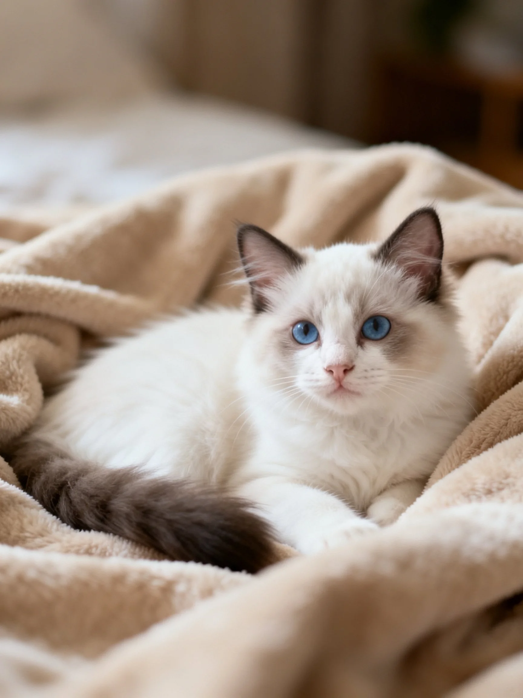 A blue-eyed Ragdoll kitten relaxes on a plush beige blanket